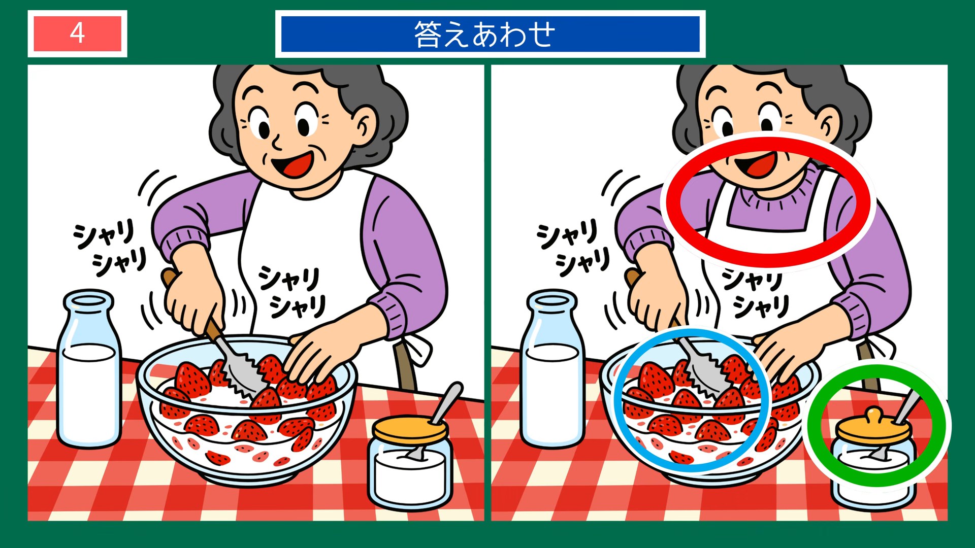 暮らしの手しごとの間違い探し 第4問 いちごをつぶすの答え