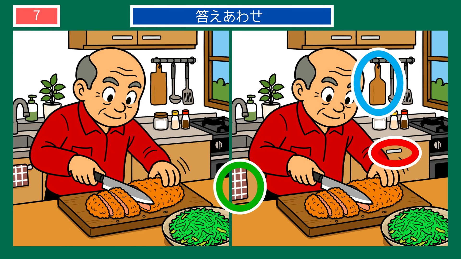 くつろぎのひとときの間違い探し 第7問 とんかつを切るの答え