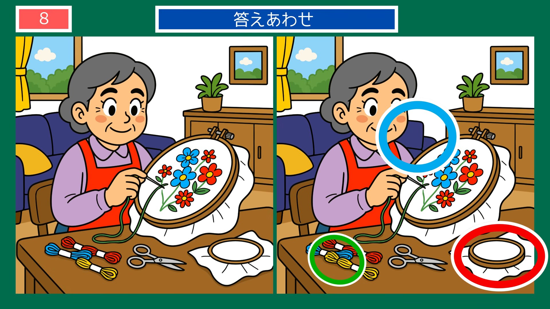 くつろぎのひとときの間違い探し 第8問 刺しゅうの手仕事の答え