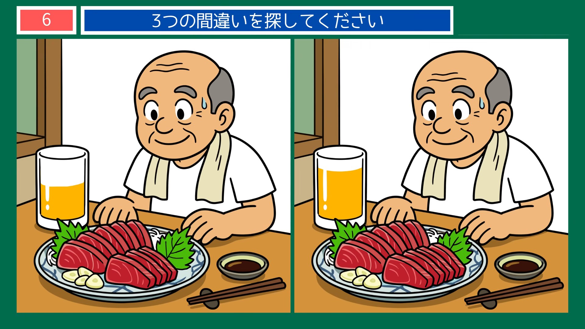 今日のひとコマの間違い探し 第6問 晩酌のひとときの問題イラスト