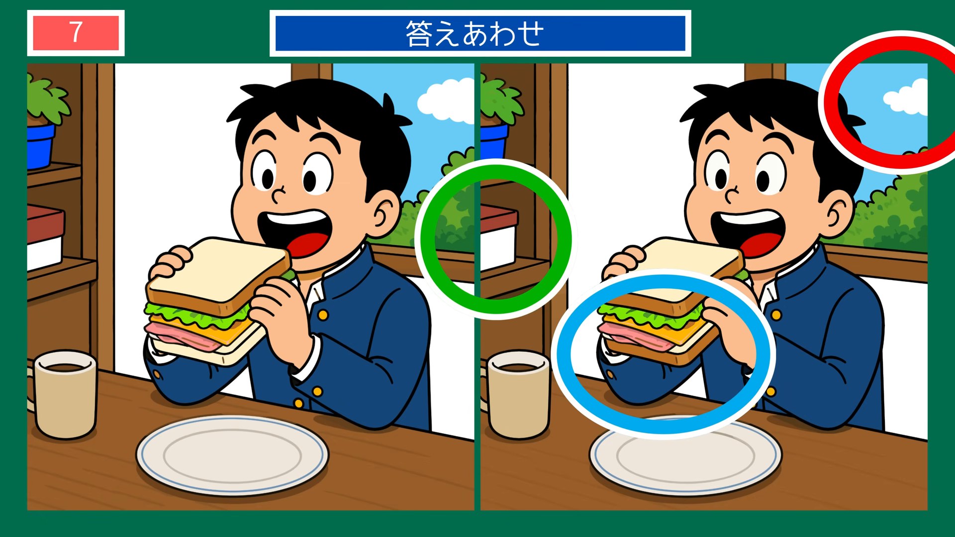 今日のひとコマの間違い探し 第7問 サンドイッチのお昼の答え
