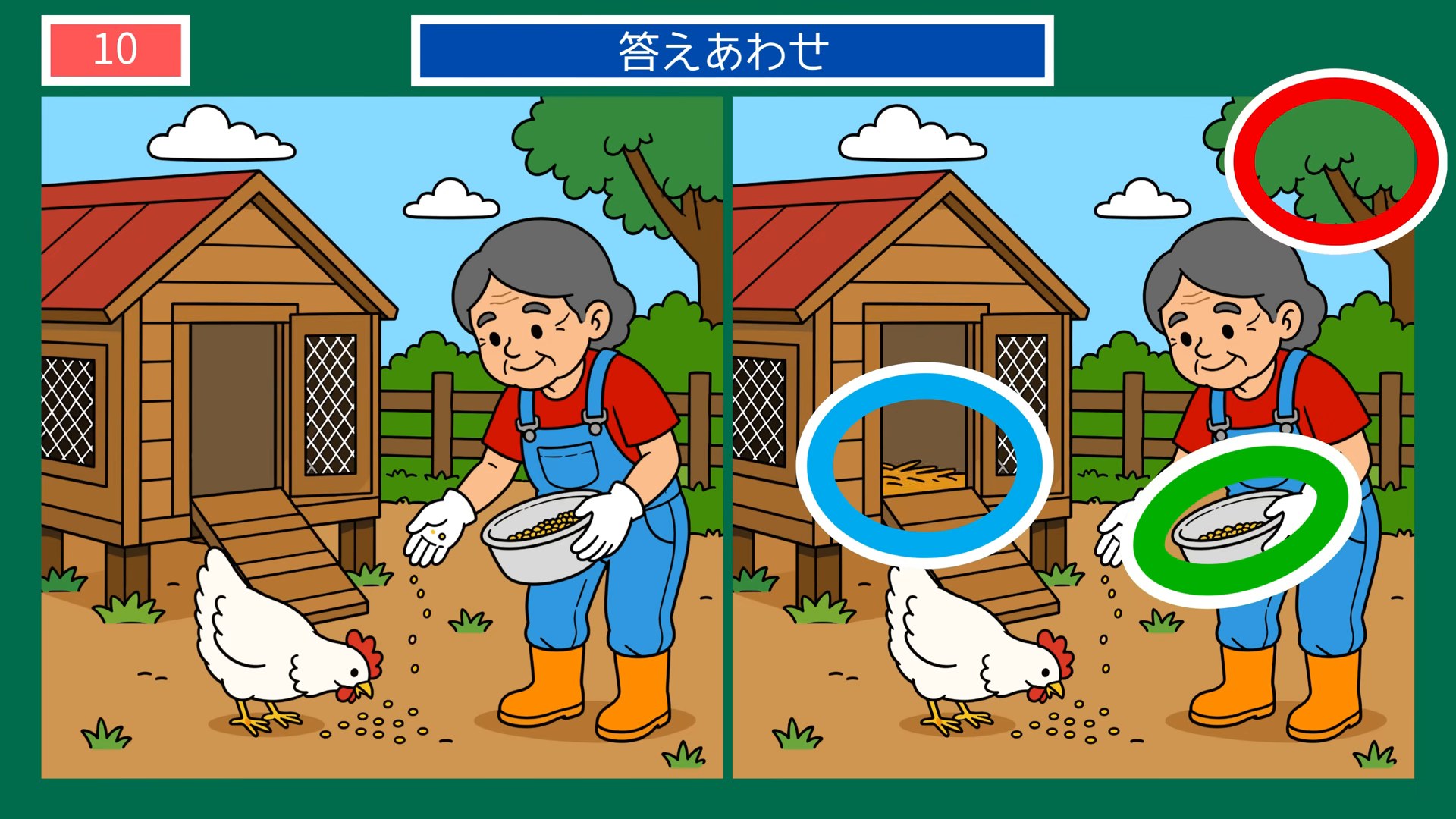 今日のひとコマの間違い探し 第9問 にわとりの世話の答え