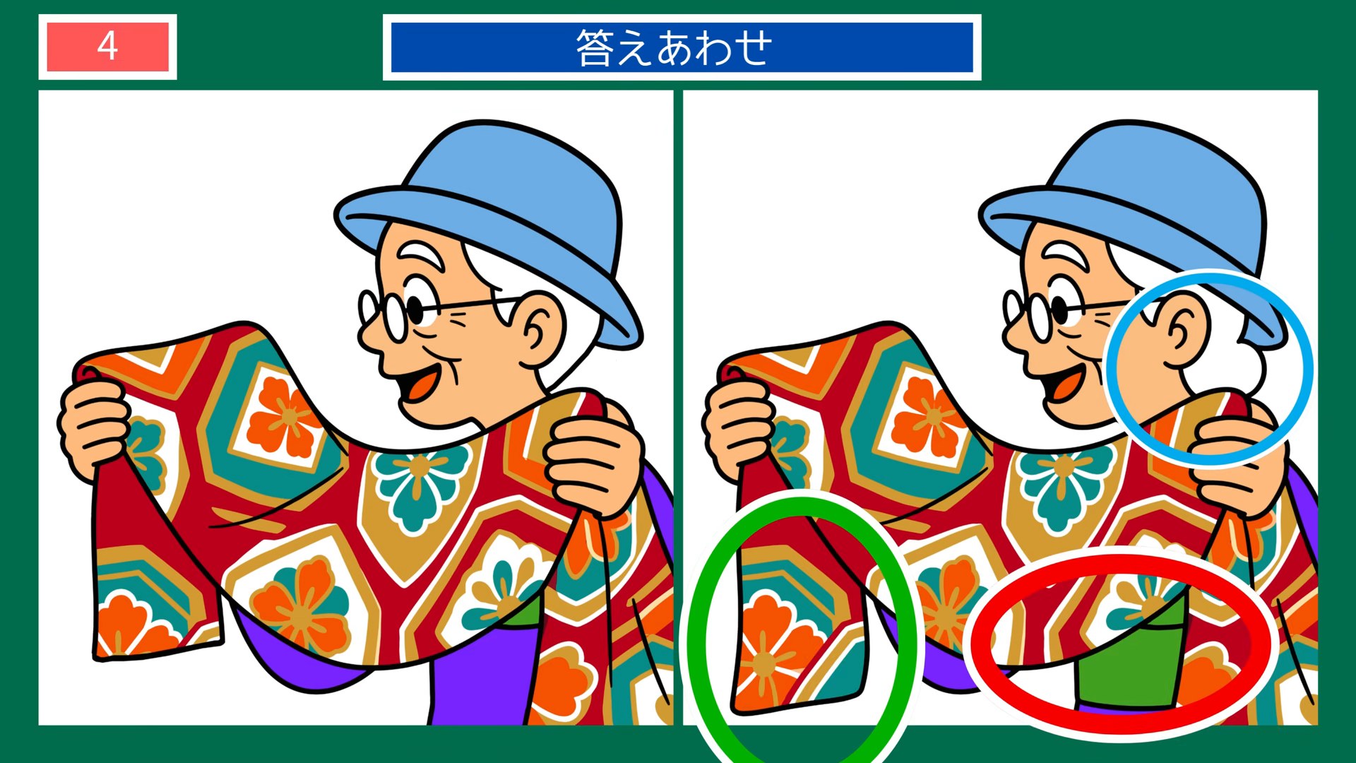 休日の楽しみの間違い探し 第3問 着物をひろげるの答え