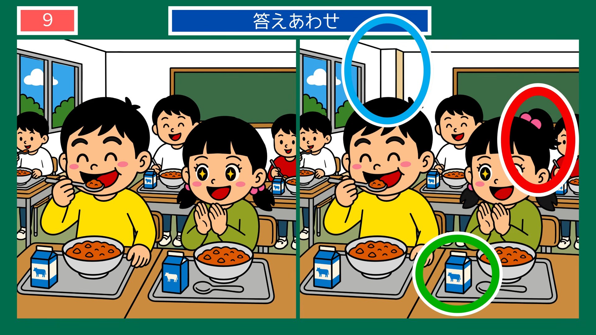 まちの一日の間違い探し 第8問 給食の時間の答え