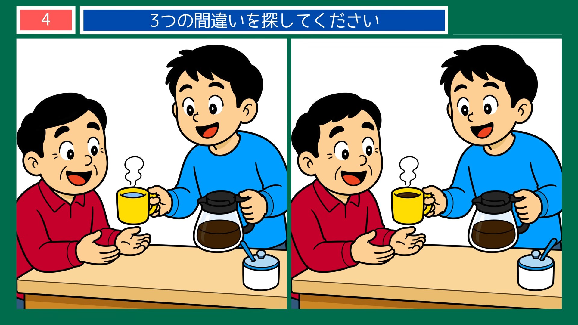 まちの一日の間違い探し 第4問 コーヒーのひとときの問題イラスト
