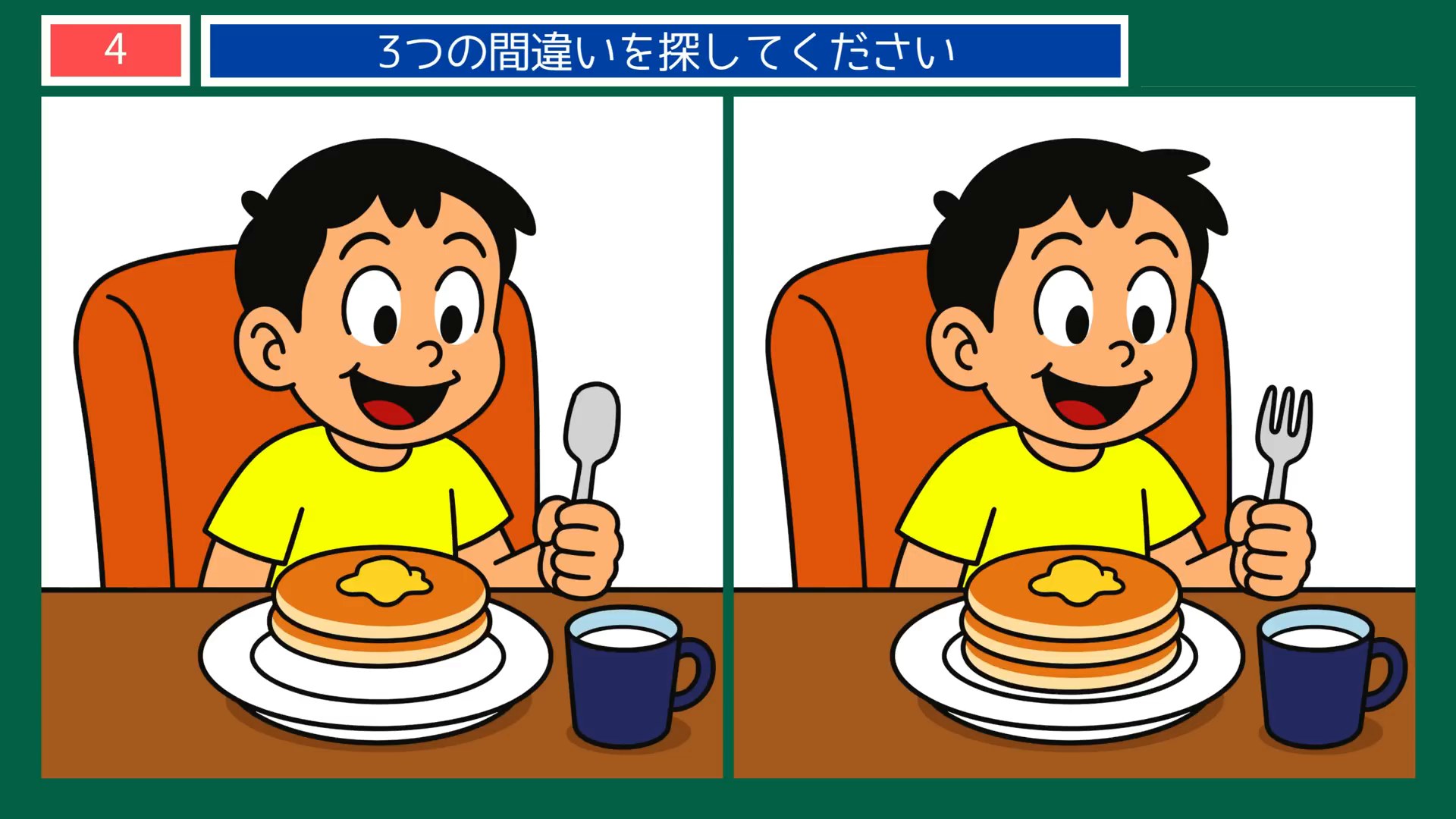毎日のひとこまの間違い探し 第4問 ホットケーキの朝の問題イラスト