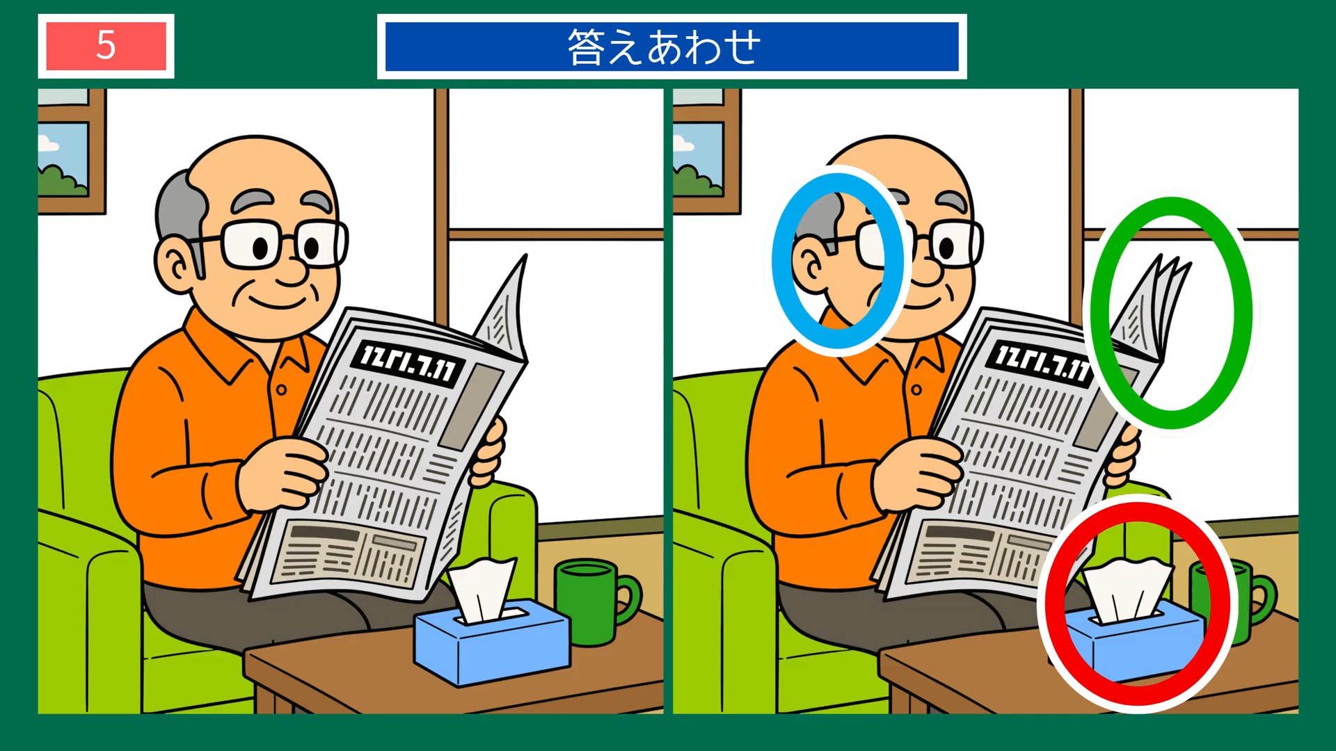 実りの秋のくらしの間違い探し 第5問 新聞を読むの答え