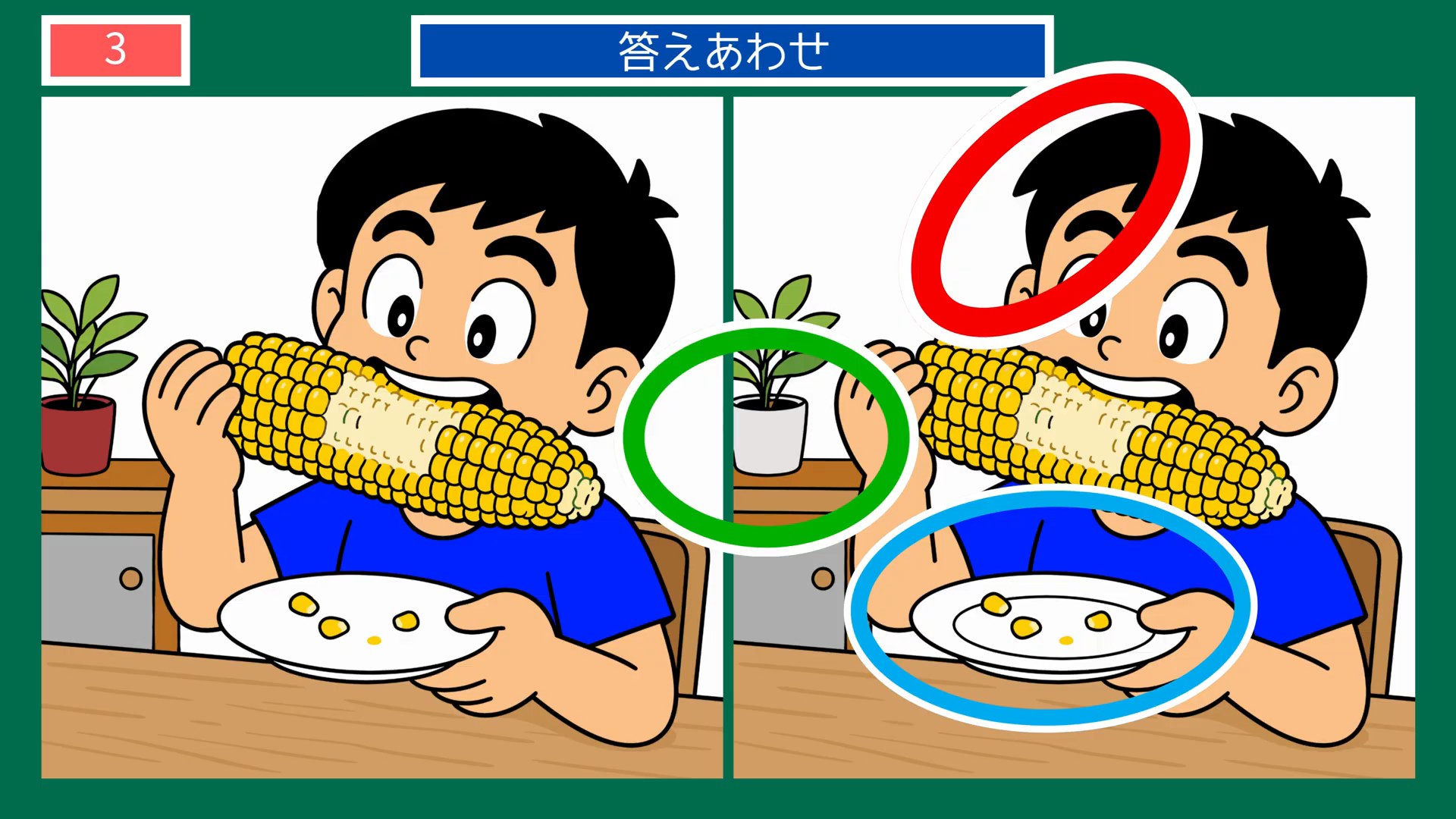 実りの秋のくらしの間違い探し 第3問 とうもろこしをかじるの答え