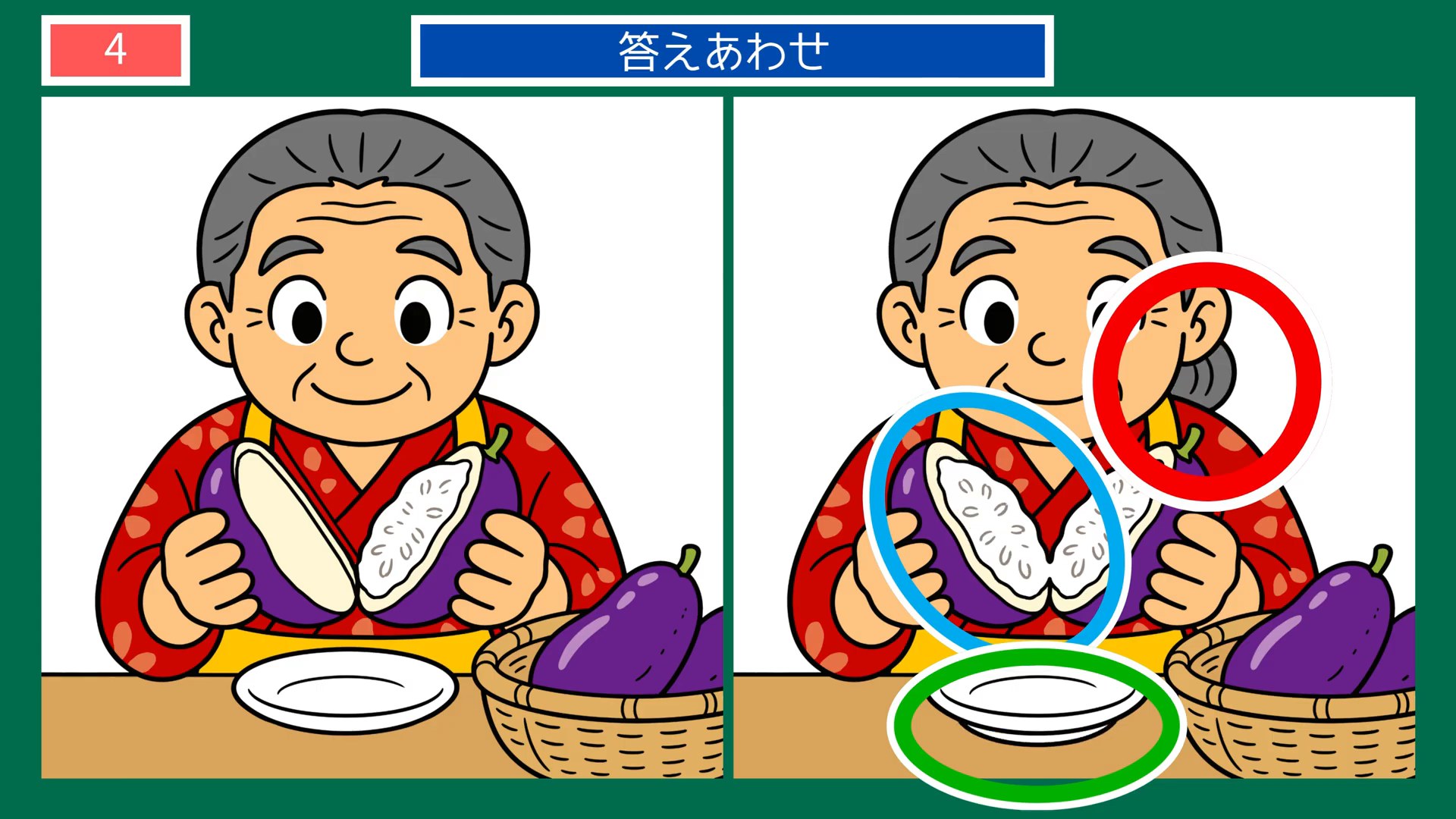 実りの秋のくらしの間違い探し 第4問 なすを切るの答え