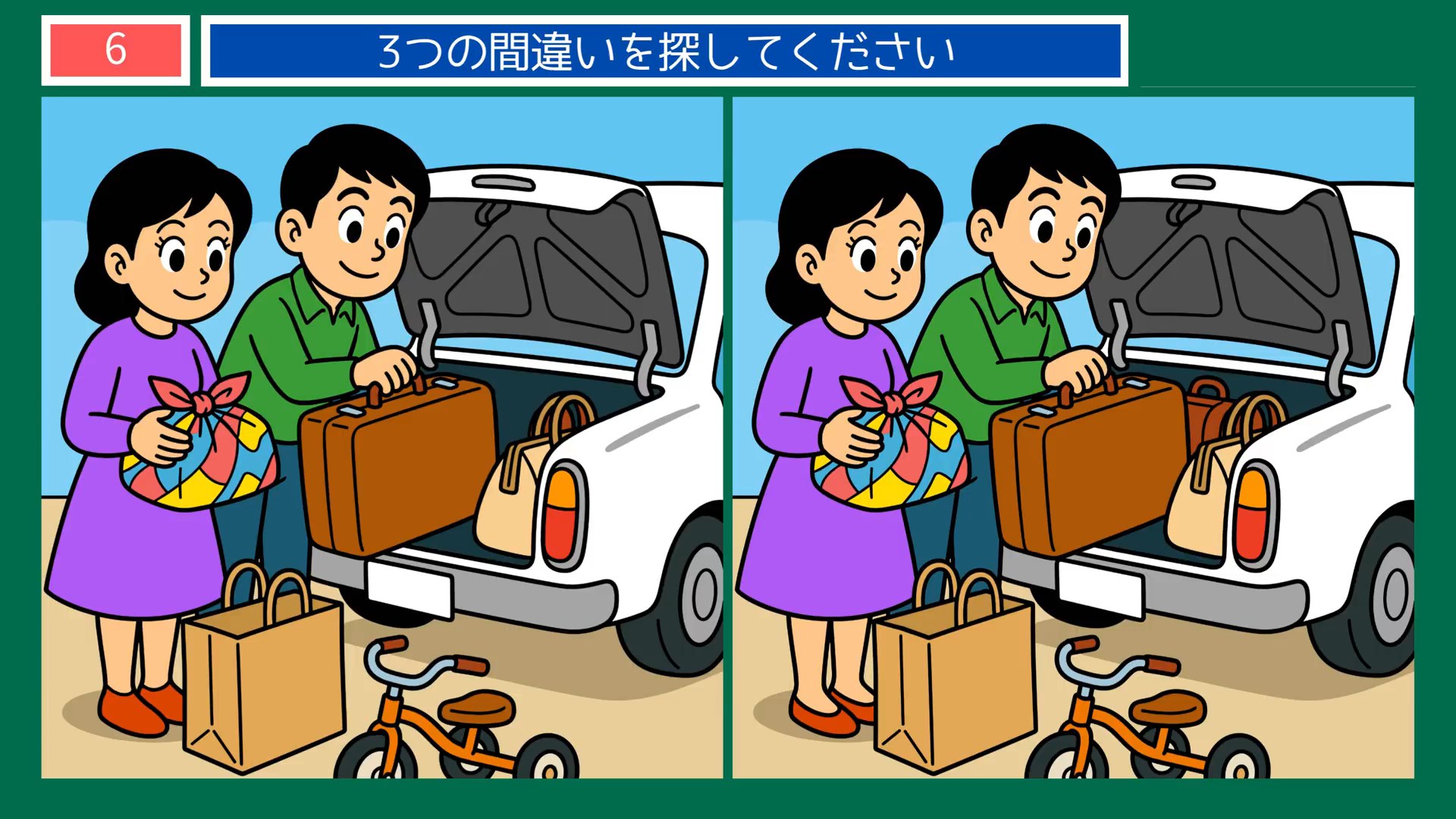 昔なつかしい夏の暮らしの間違い探し 第6問 帰省の荷造りの問題イラスト
