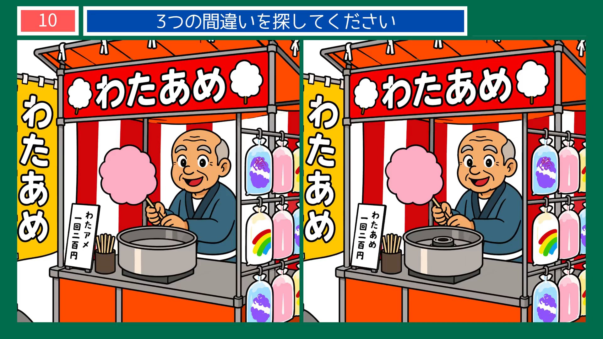 昔なつかしい夏の暮らしの間違い探し 第10問 わたあめの屋台の問題イラスト