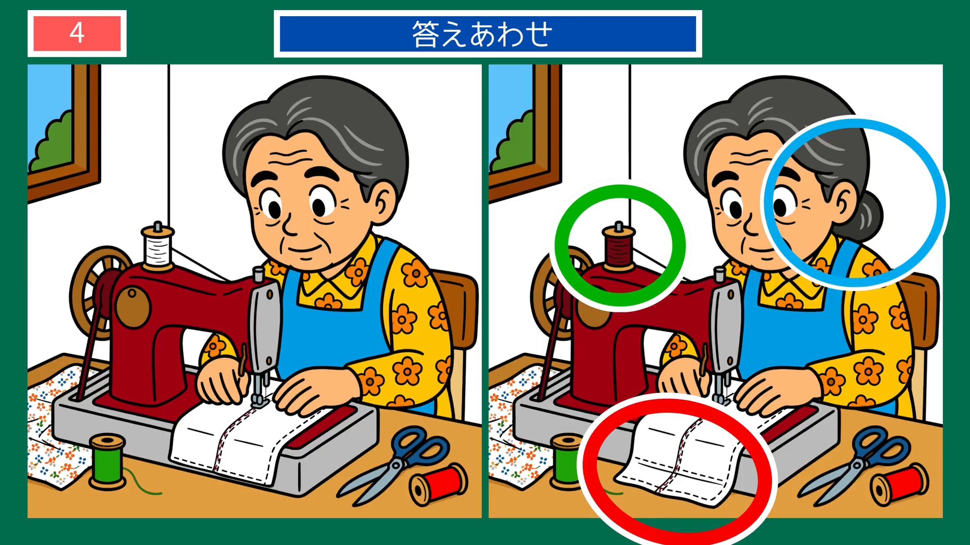 昔なつかしい夏の暮らしの間違い探し 第4問 ミシンの縫い物の答え