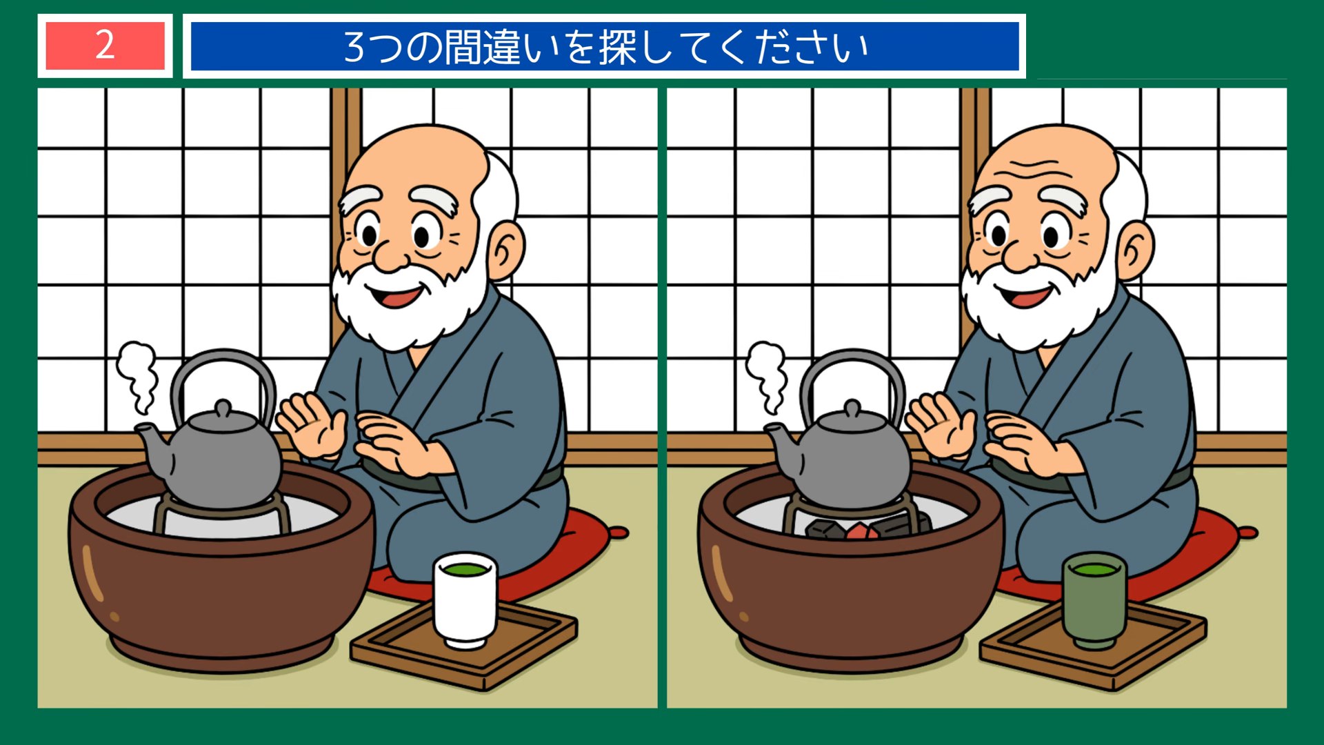 昔と今のくらしの間違い探し 第2問 囲炉裏の一服の問題イラスト