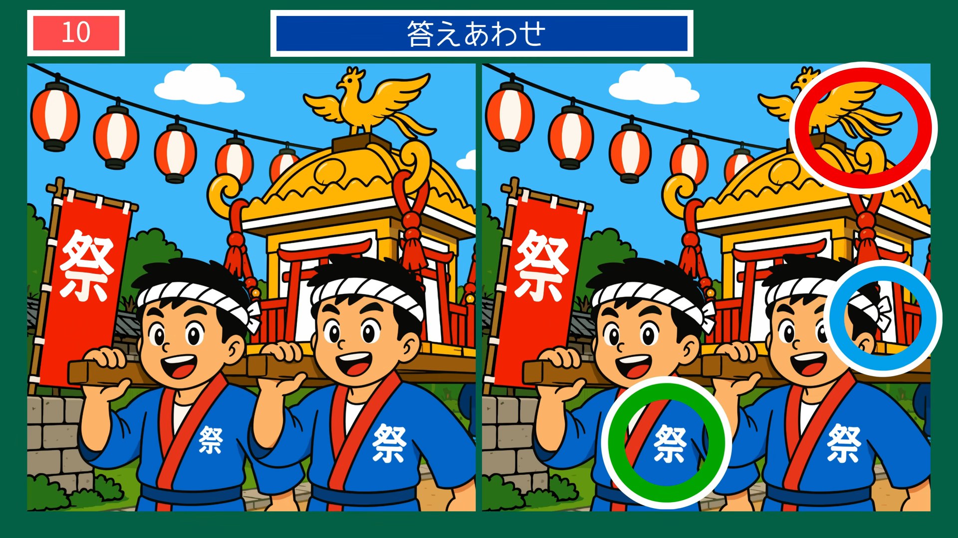 夏から秋の暮らしの間違い探し 第10問 おまつりの神輿の答え