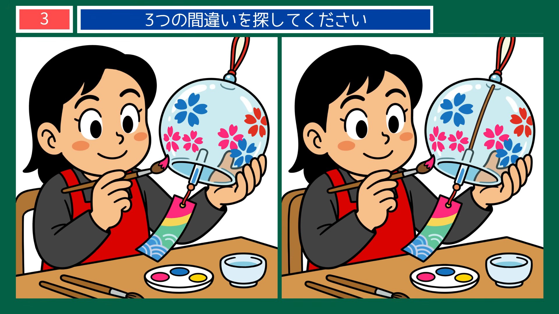 夏から秋の暮らしの間違い探し 第3問 風鈴の絵つけの問題イラスト