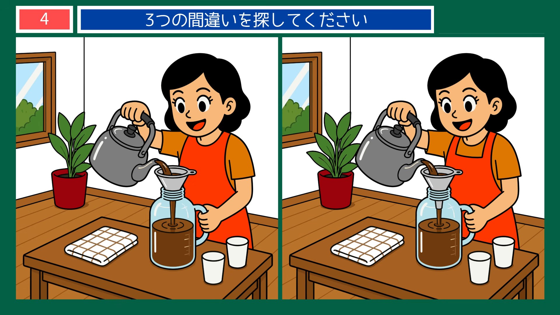 夏から秋の暮らしの間違い探し 第4問 アイスコーヒーをいれるの問題イラスト