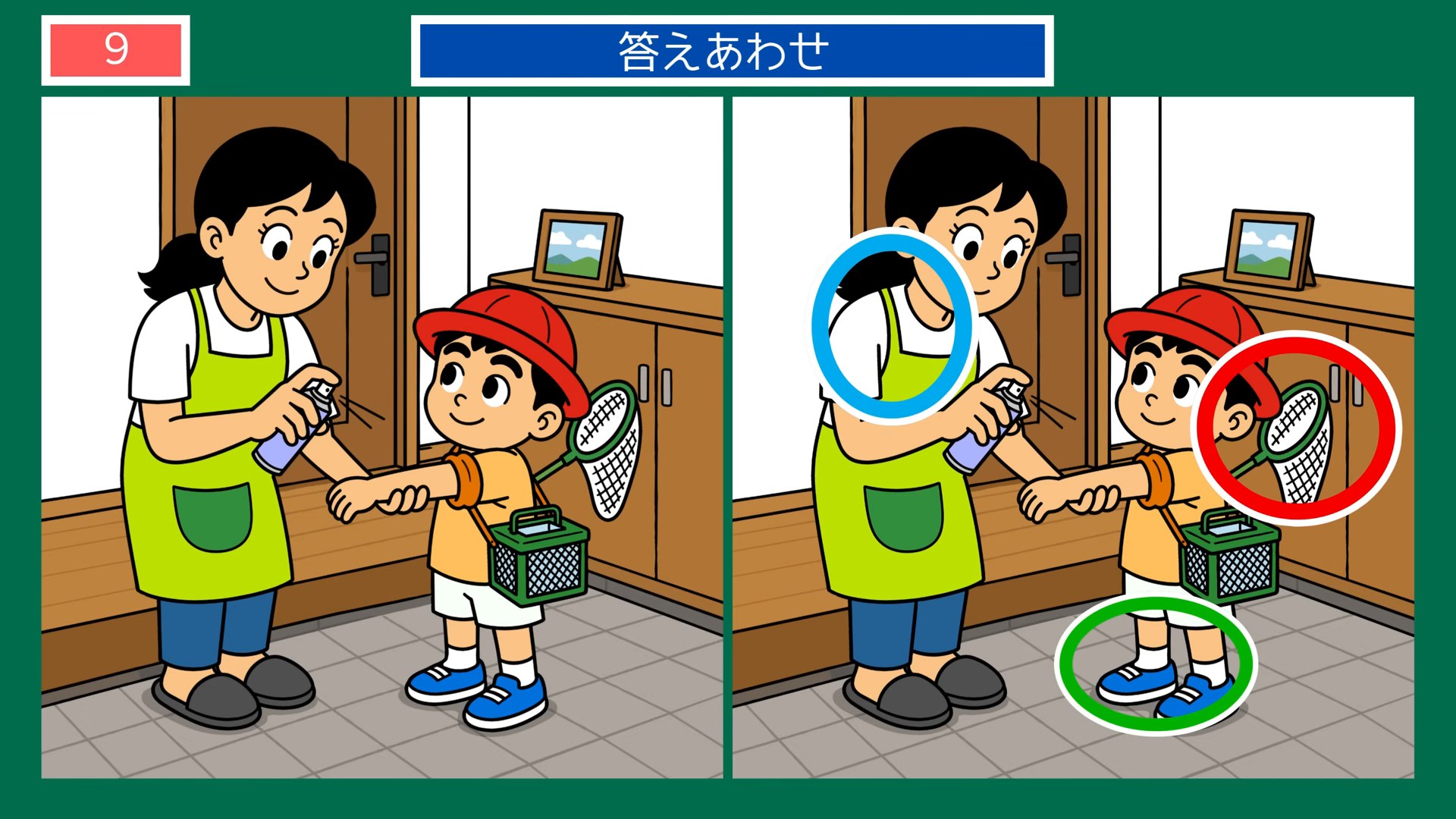 夏のある日のくらしの間違い探し 第9問 虫よけをつけて出かけるの答え