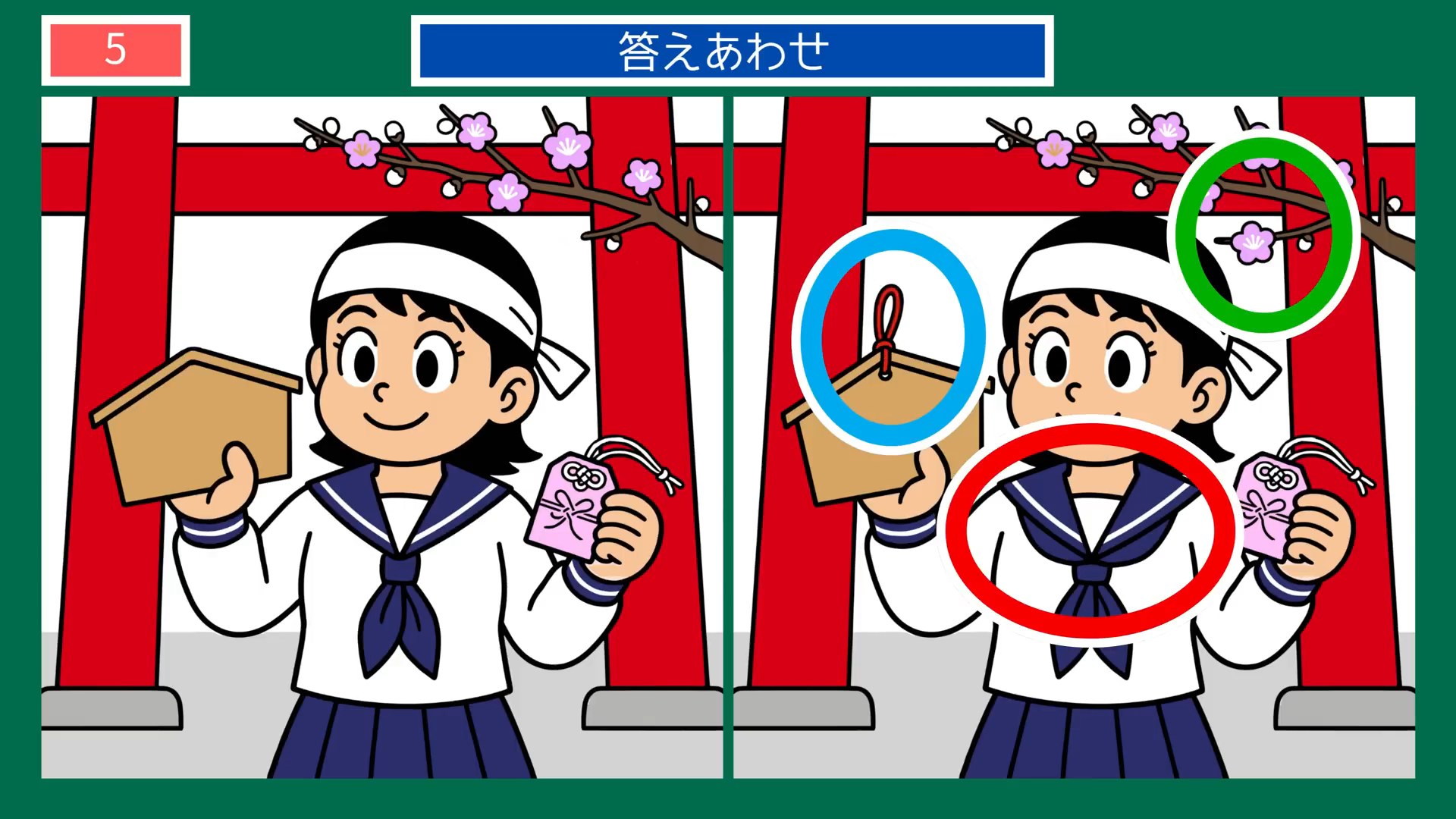 夏の縁日の間違い探し 第5問 神社の絵馬の答え