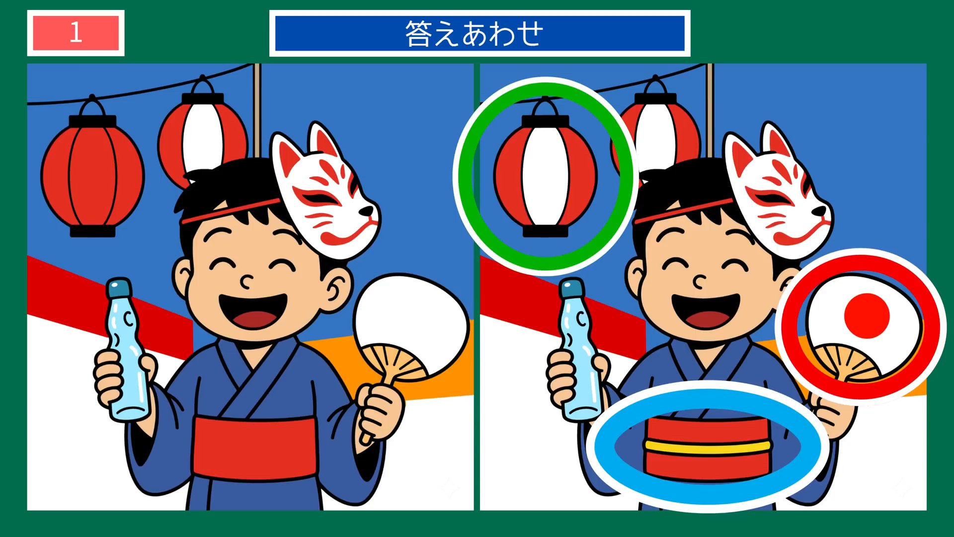夏の縁日の間違い探し 第1問 ラムネとお面の答え