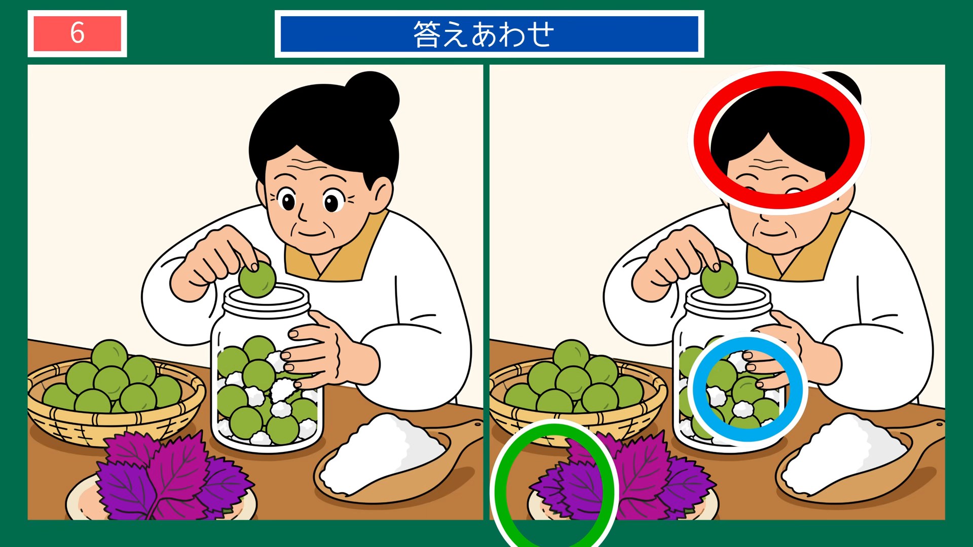 夏の日のできごとの間違い探し 第6問 梅仕事の答え