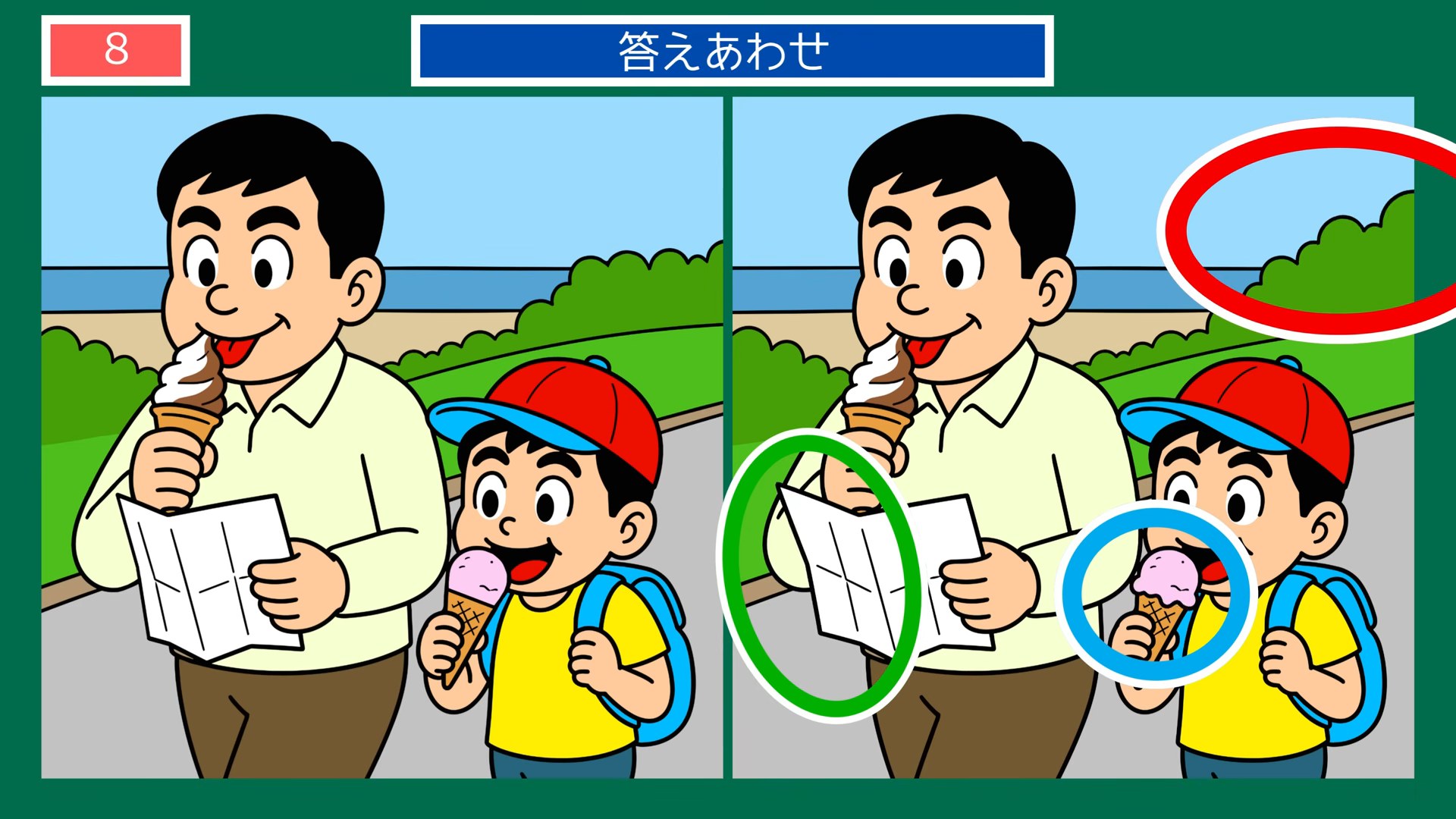夏の日のできごとの間違い探し 第8問 散歩とソフトクリームの答え