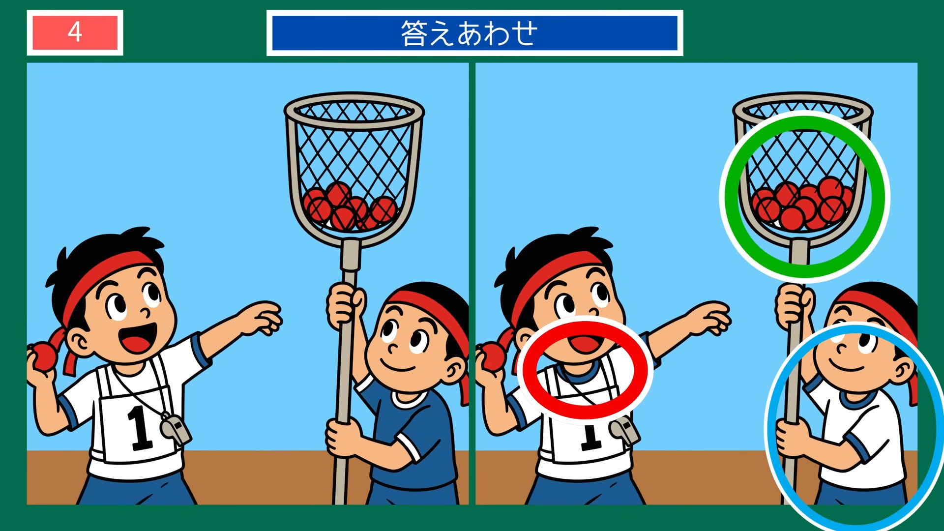 夏の日のできごとの間違い探し 第4問 運動会の玉入れの答え