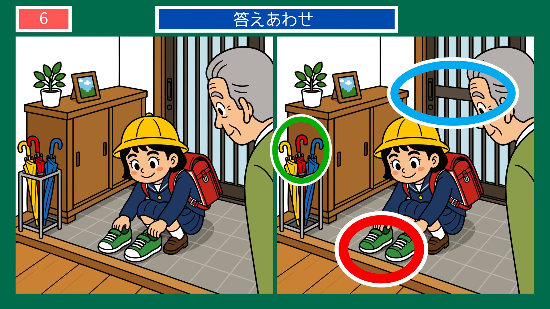 夏の暮らしのひとコマの間違い探し 第6問 玄関で靴をはくの答え