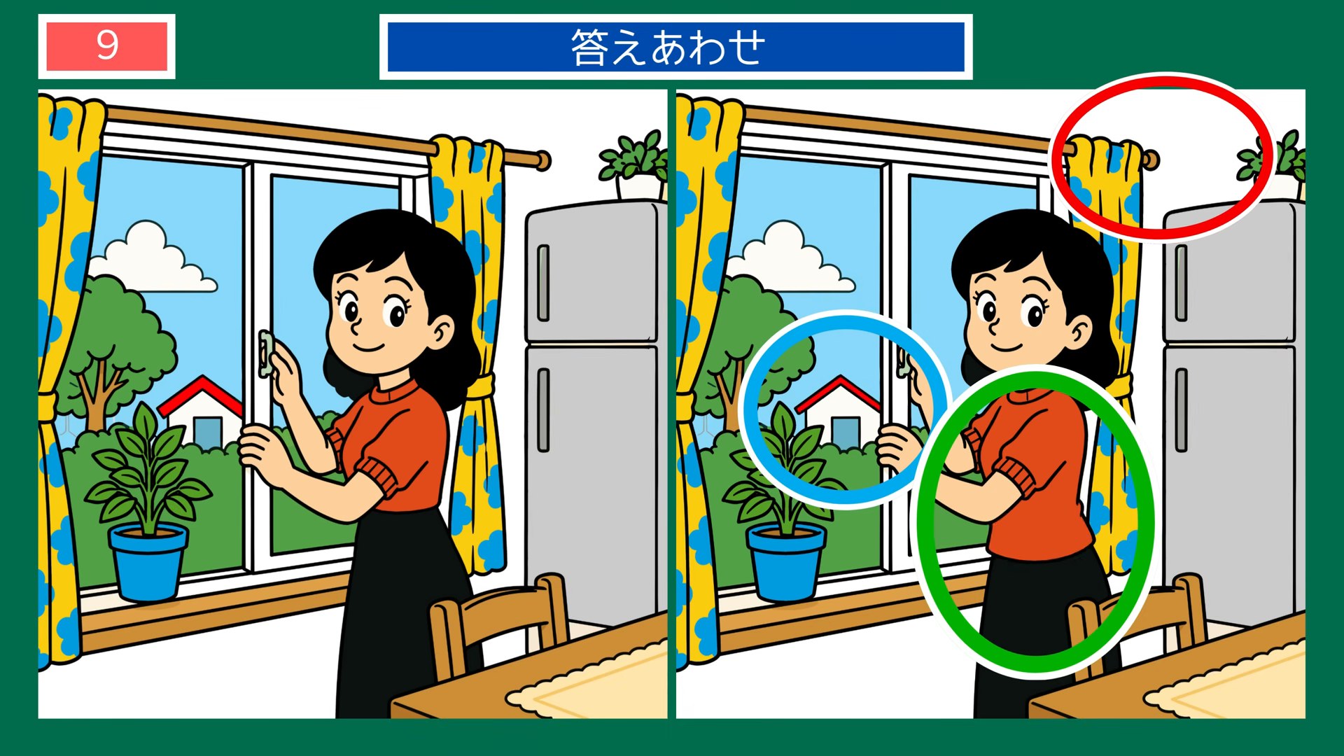 夏の暮らしのひとコマの間違い探し 第9問 窓を開けて風を通すの答え