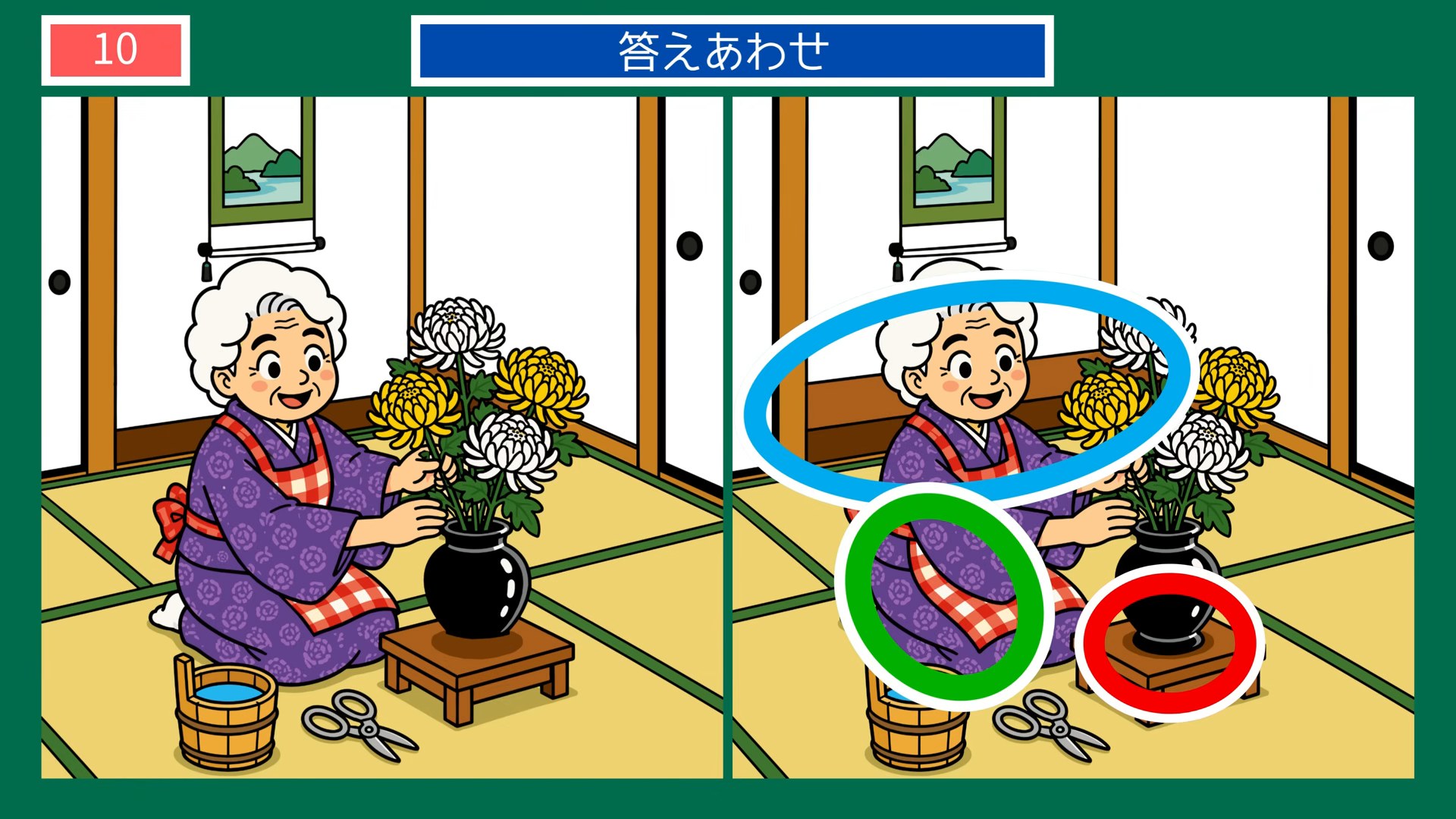 夏の暮らしのひとコマの間違い探し 第10問 菊を生けるの答え