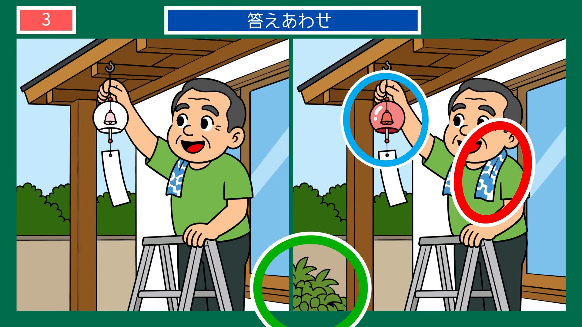 夏の暮らしのひとコマの間違い探し 第3問 風鈴を吊るすの答え