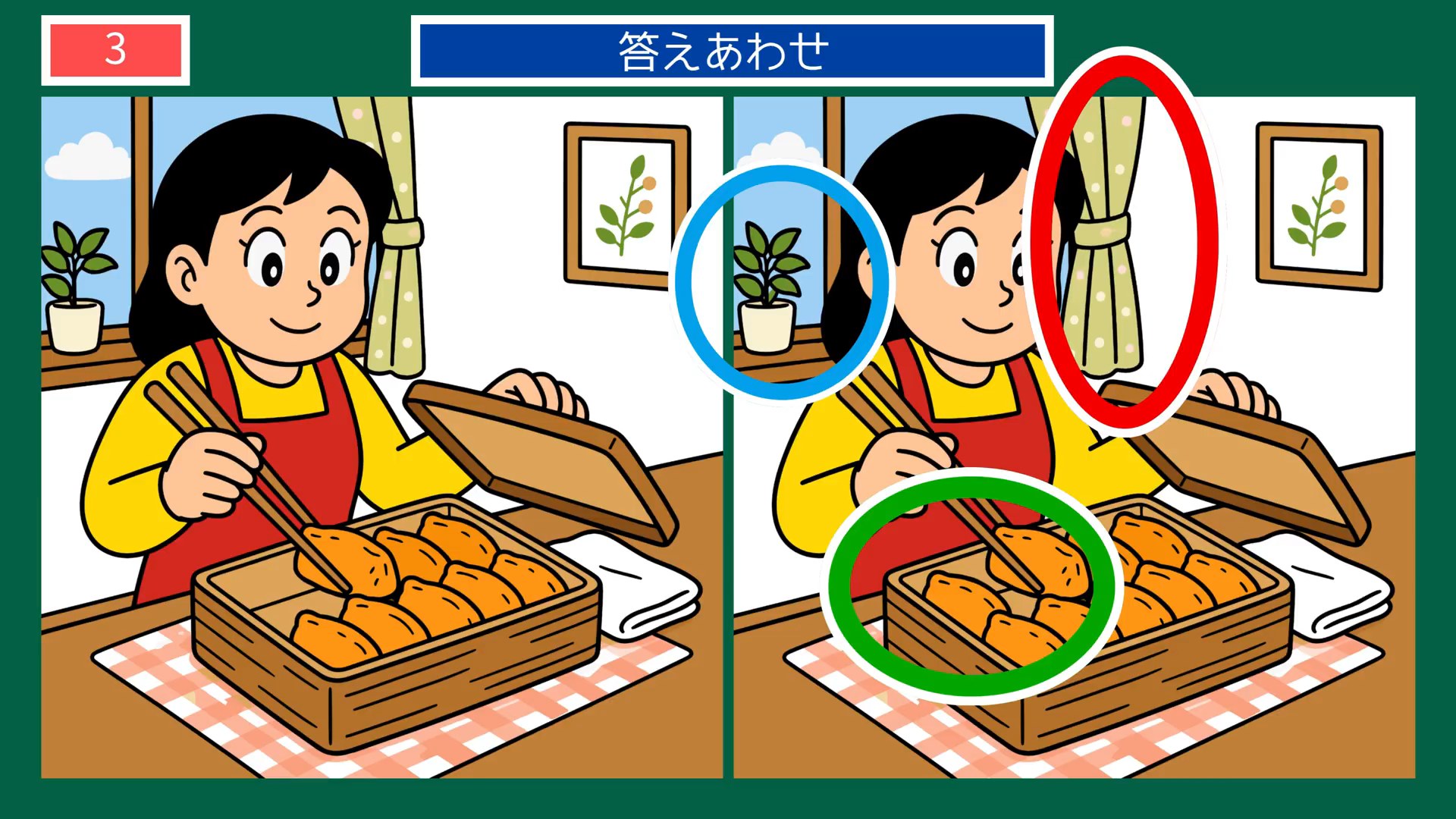 なつかしい日々の間違い探し 第3問 いなりずしを詰めるの答え