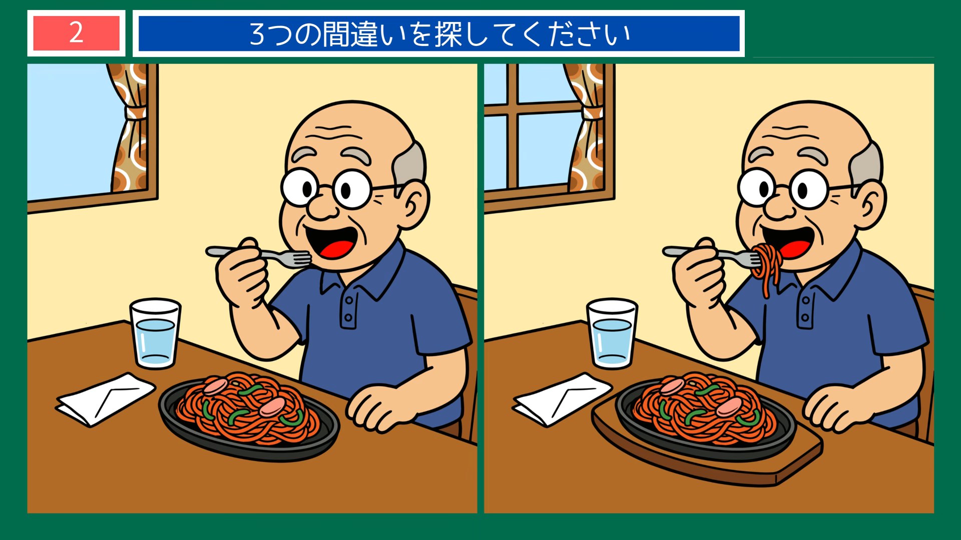 懐かしい夏の一日の間違い探し 第2問 鉄板のナポリタンの問題イラスト