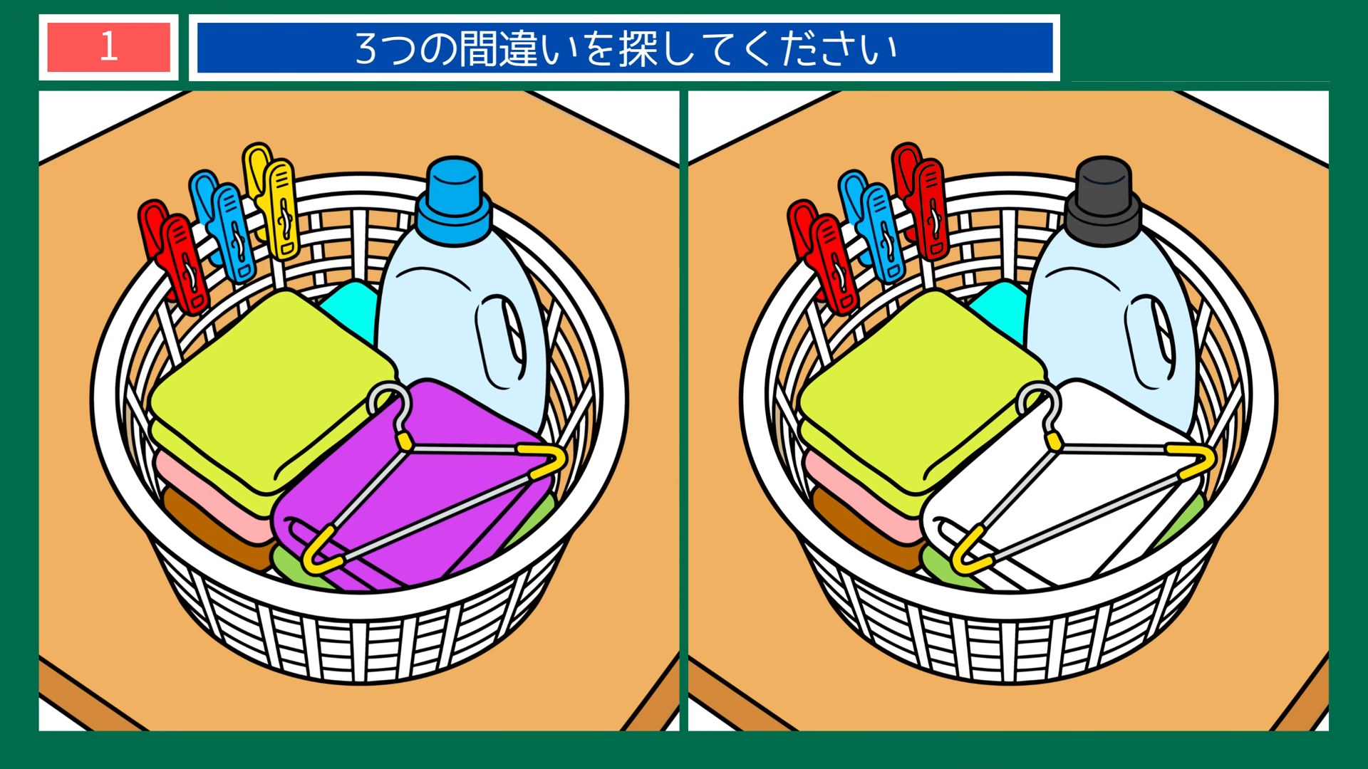 懐かしい夏の暮らしの間違い探し 第1問 洗濯かごの支度の問題イラスト