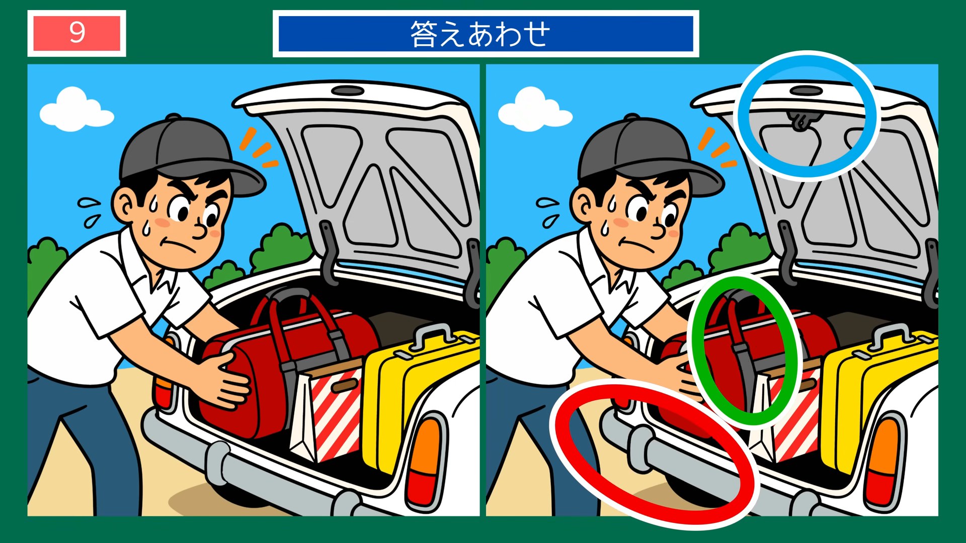 懐かしい夏の暮らしの間違い探し 第9問 車に荷物を積むの答え