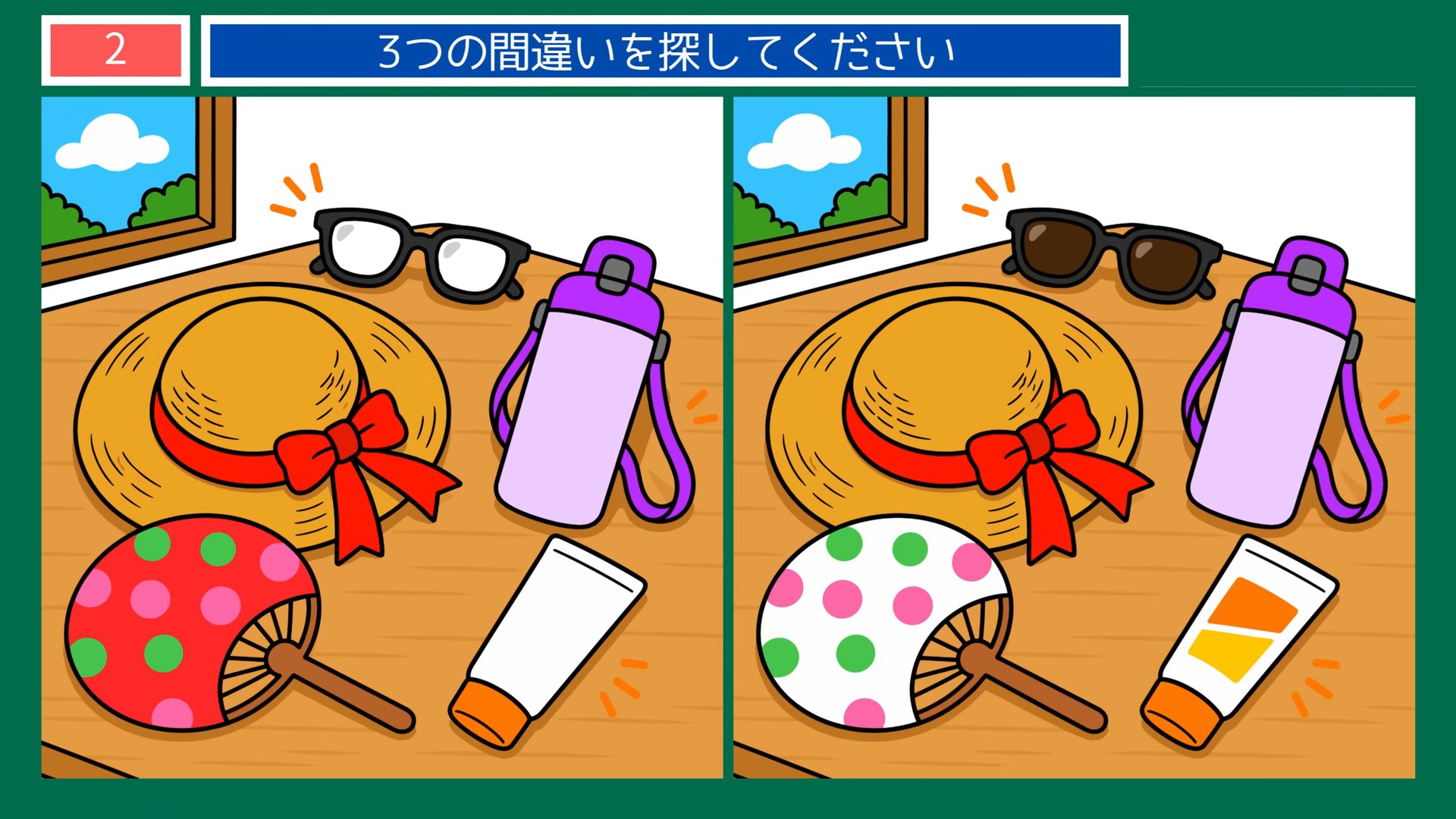 懐かしい夏の暮らしの間違い探し 第2問 夏のおでかけ支度の問題イラスト