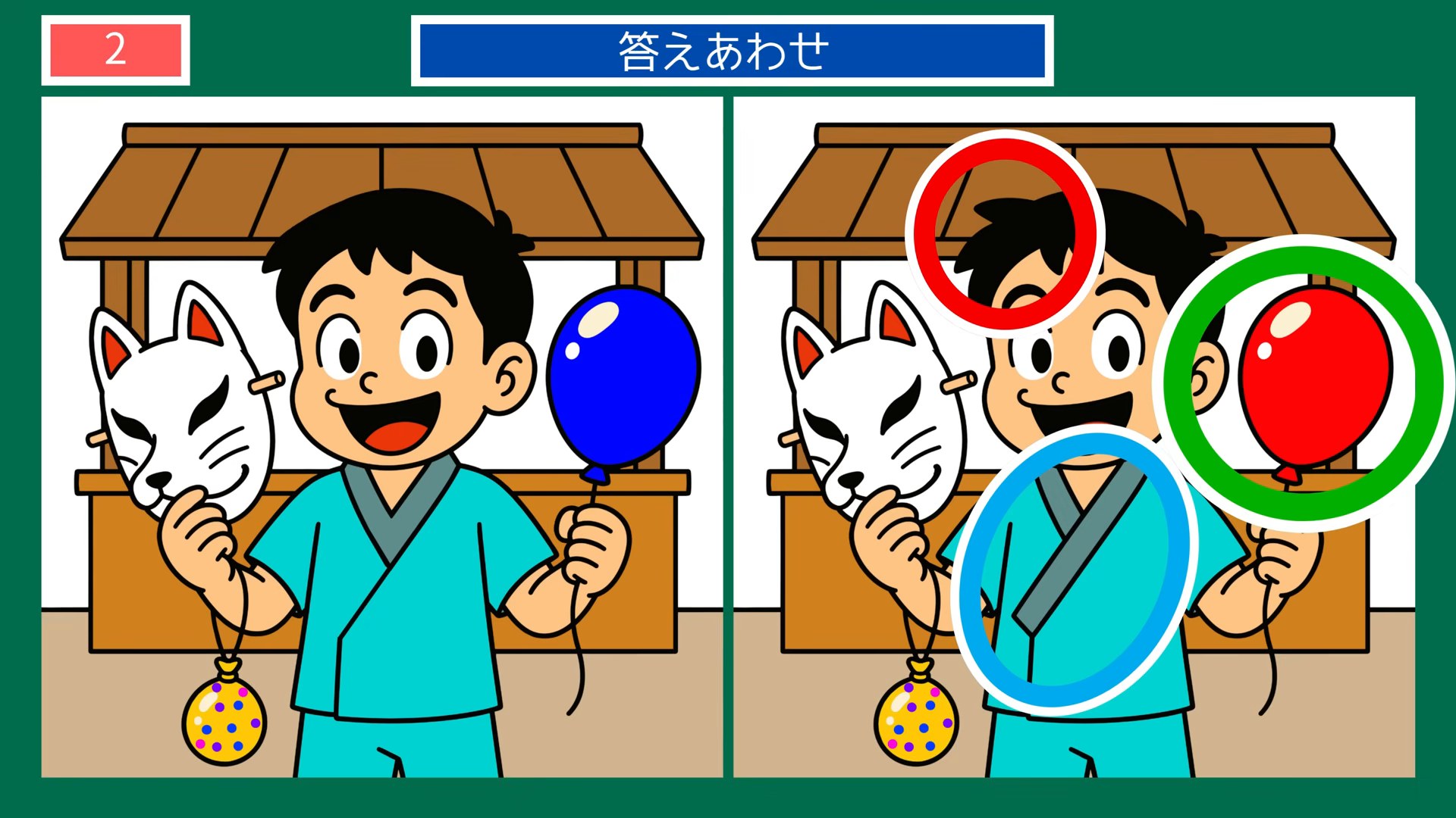 夏祭りの夜の間違い探し 第2問 お面と風船の答え