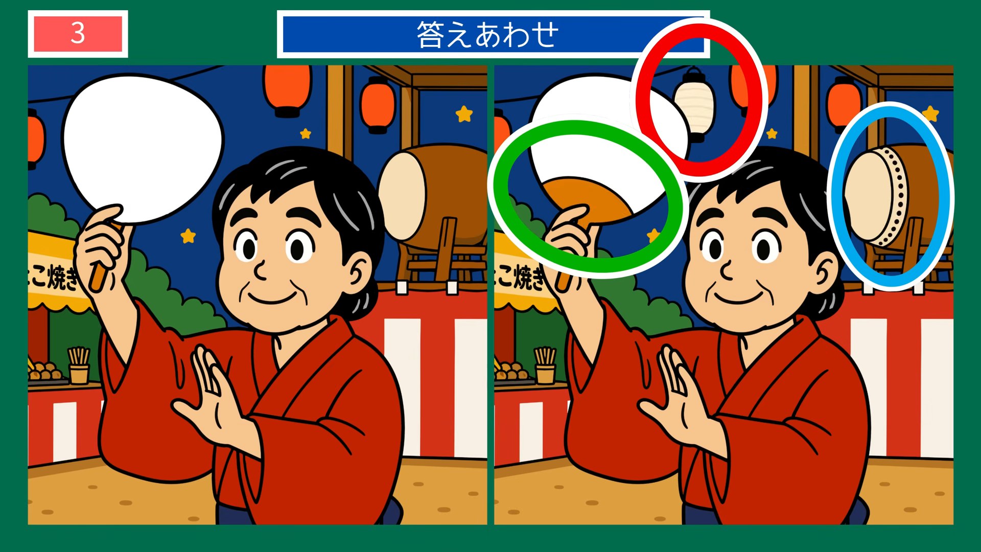 夏祭りの夜の間違い探し 第3問 やぐらの太鼓の答え