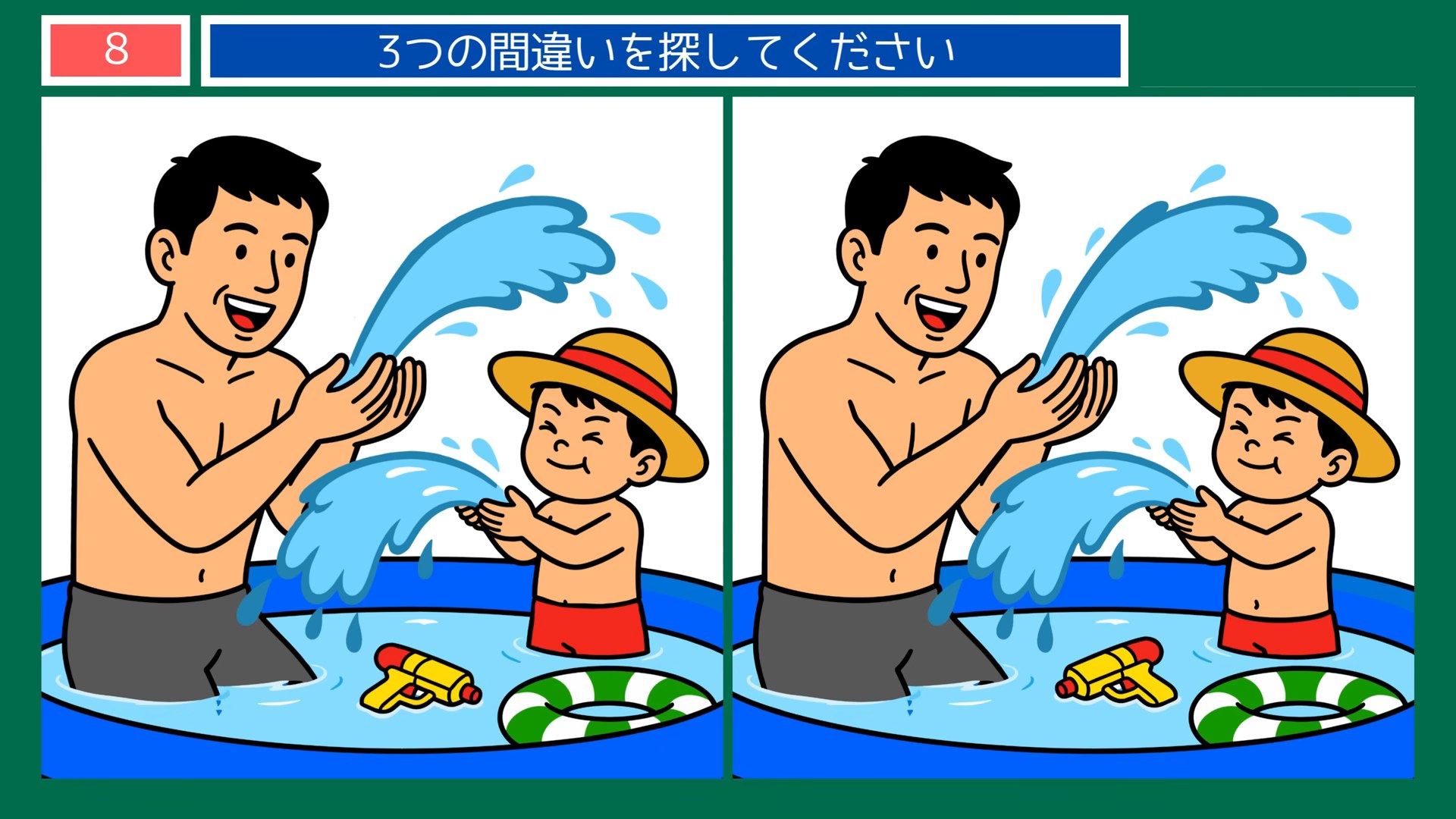 熱中症予防の間違い探し 第8問 水遊びの午後の問題イラスト