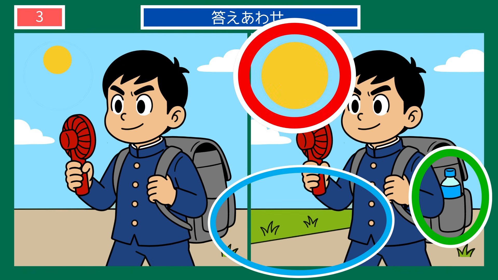 熱中症予防の間違い探し 第3問 暑い日の通学路の答え