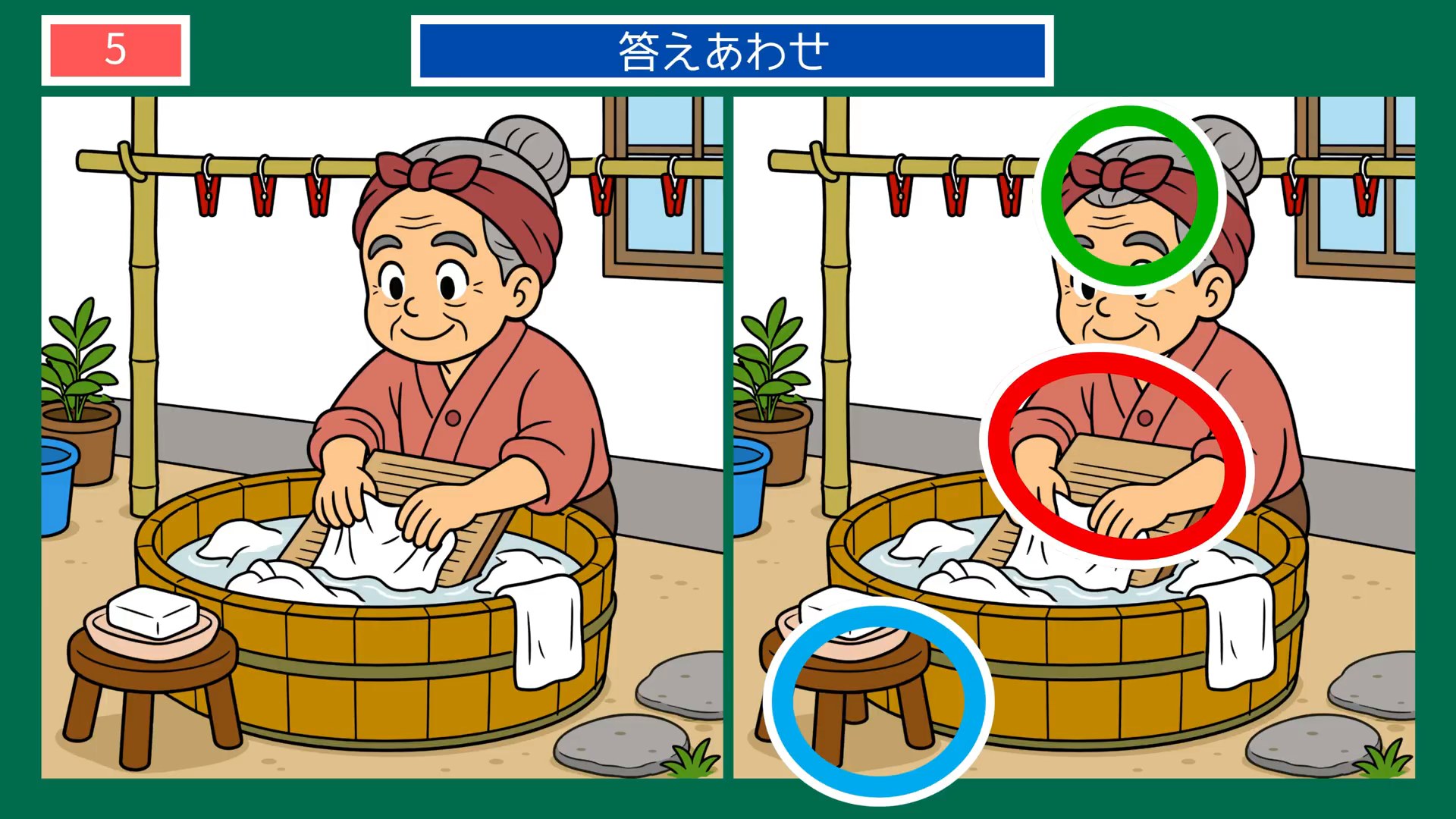 にっぽんの暮らしめぐりの間違い探し 第5問 たらいの洗濯の答え