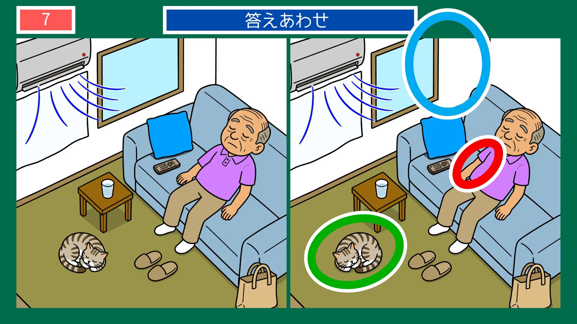のんびり過ごす一日の間違い探し 第7問 涼しい部屋での答え