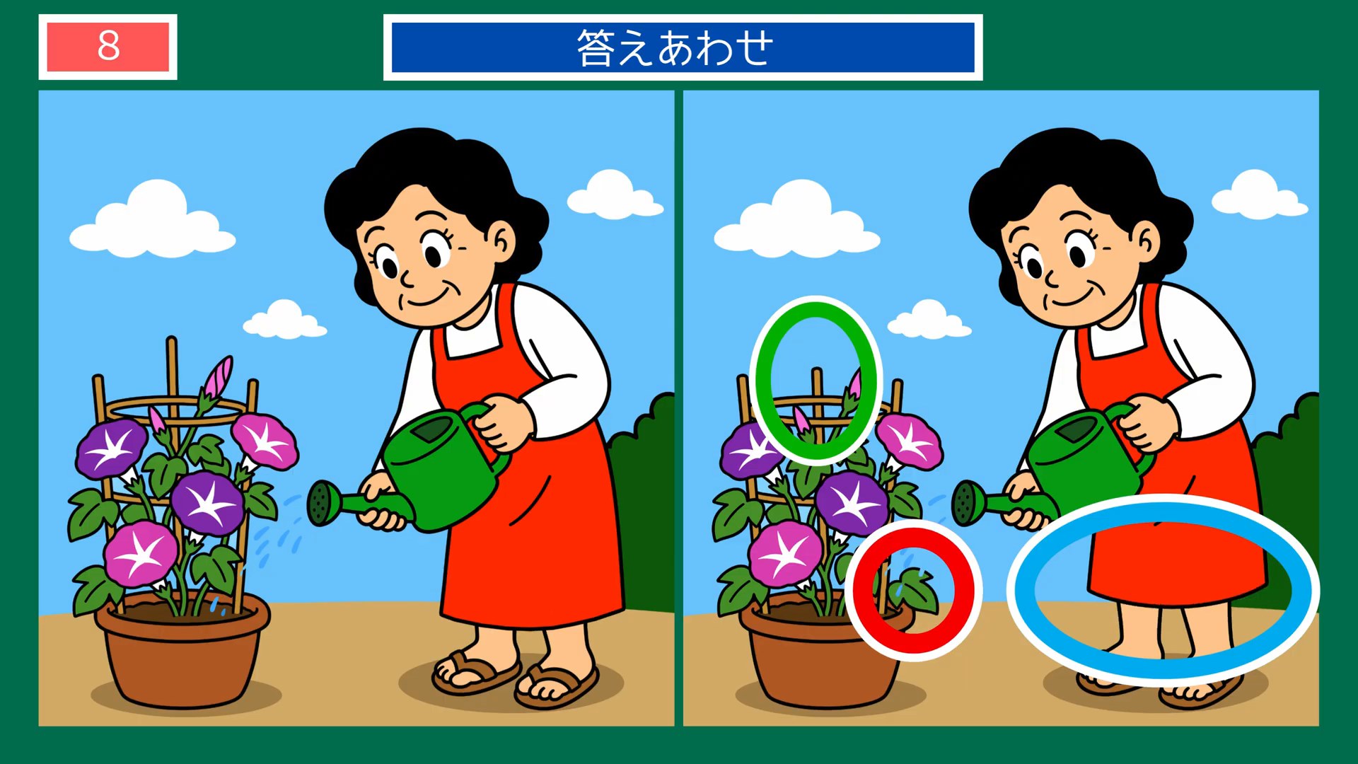 のんびり過ごす一日の間違い探し 第8問 朝顔に水やりの答え