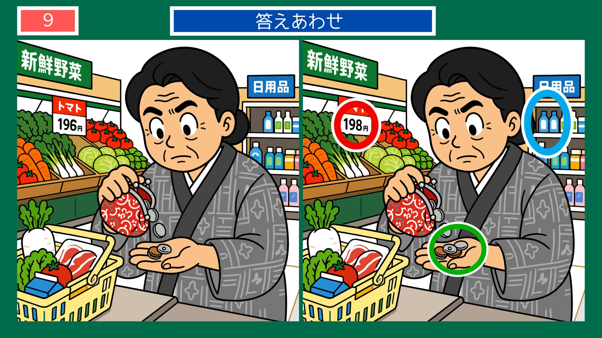 のんびり過ごす一日の間違い探し 第9問 買い物のひとときの答え