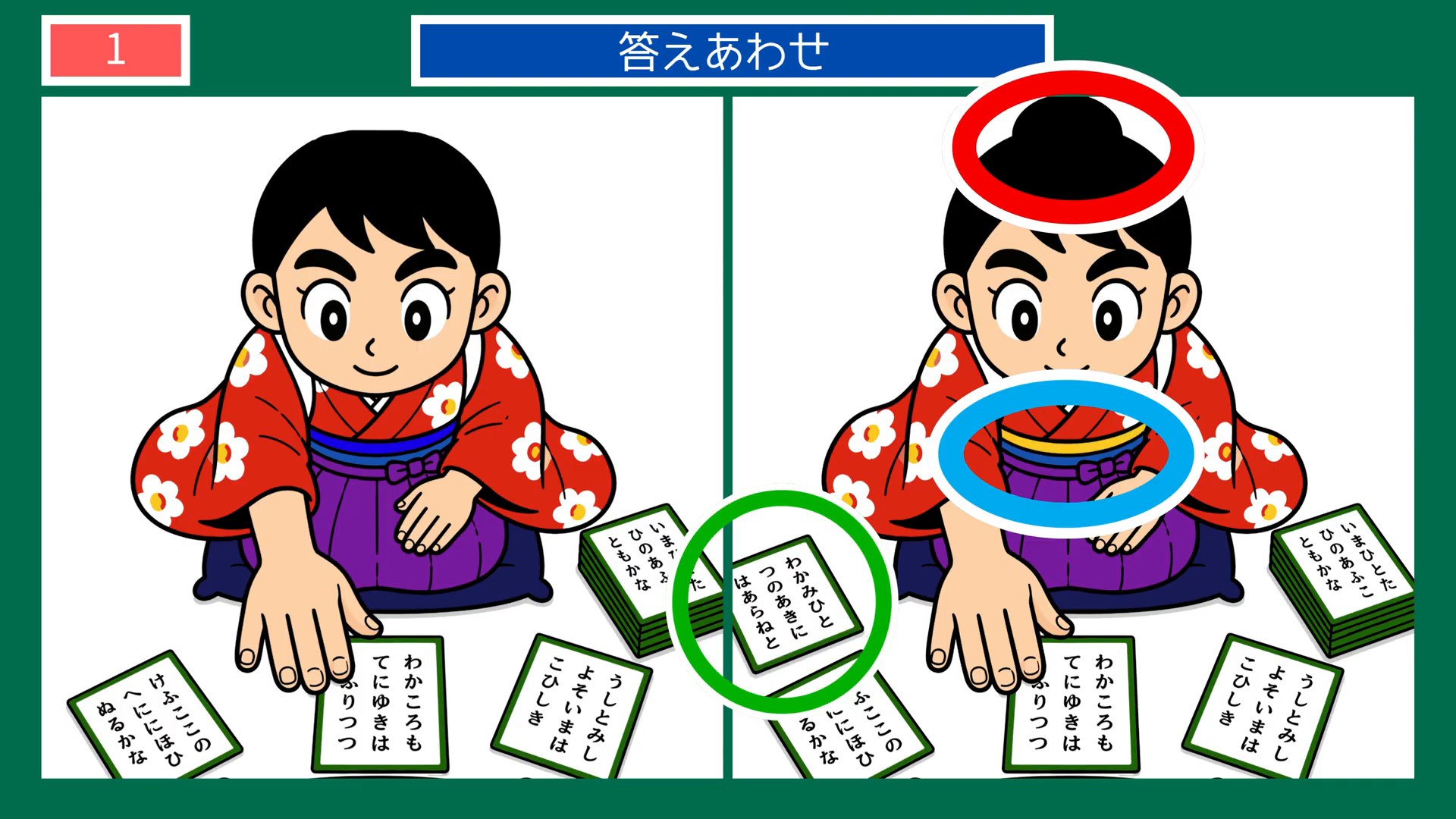 のんびり過ごす一日の間違い探し 第1問 かるた取りの答え