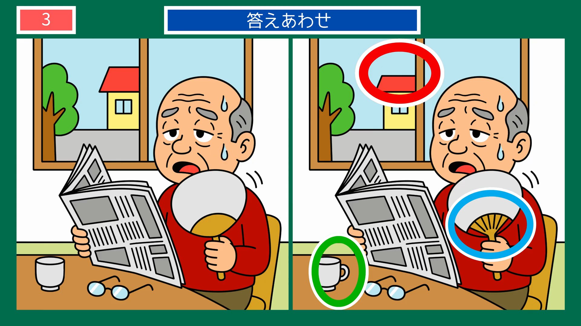 のんびり過ごす一日の間違い探し 第3問 暑い日の縁側の答え