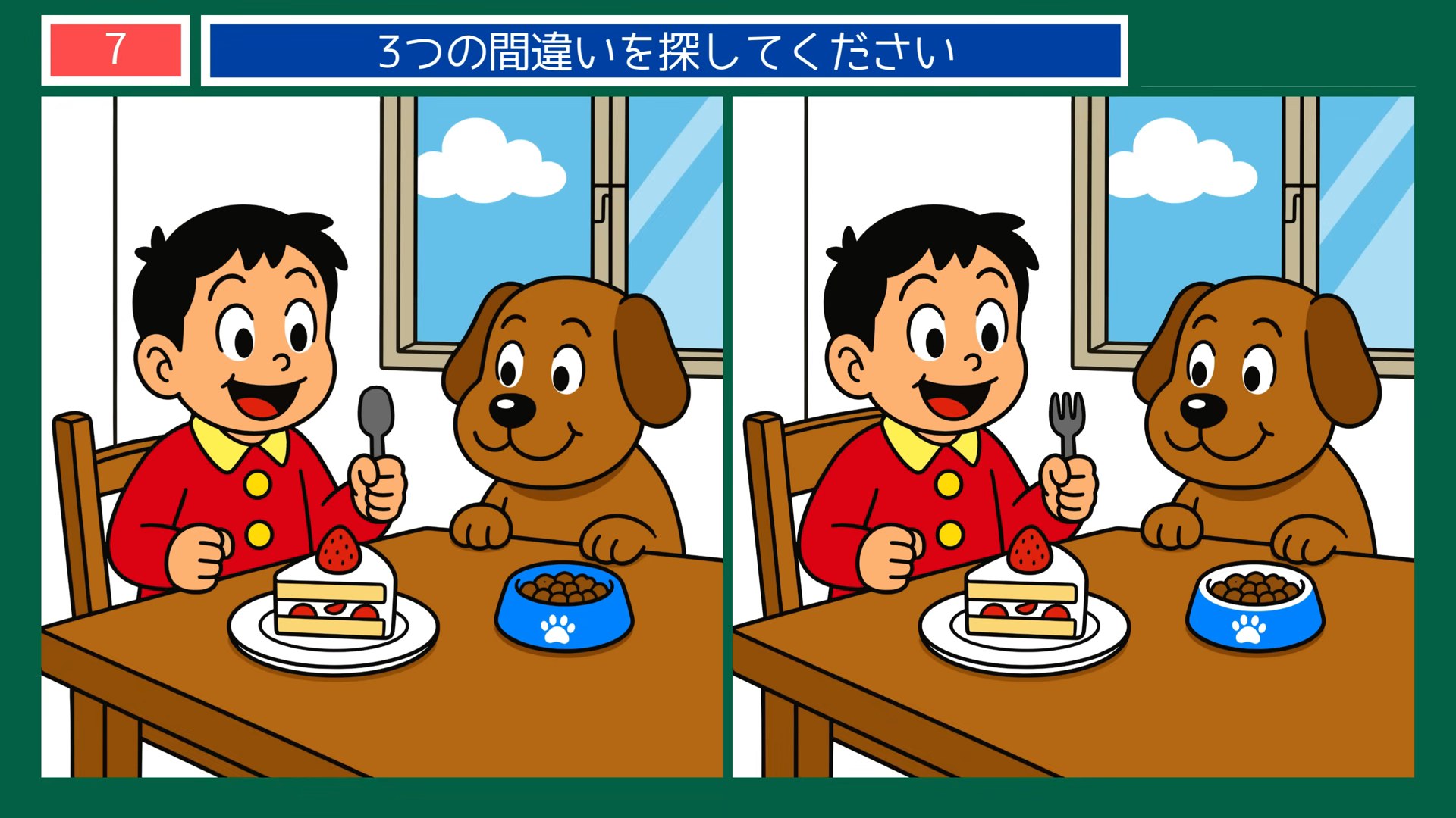 ペットとの暮らしの間違い探し 第7問 犬と食卓の問題イラスト