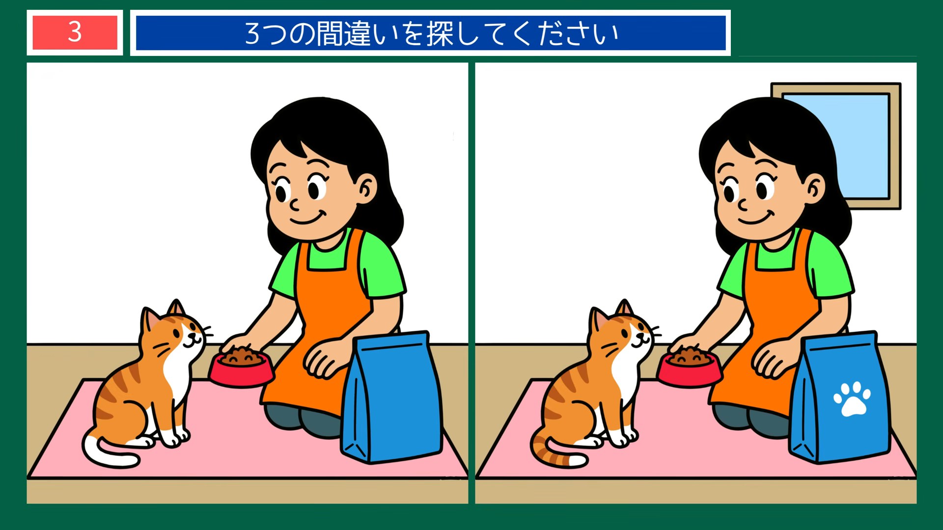 ペットとの暮らしの間違い探し 第3問 猫のごはんの問題イラスト