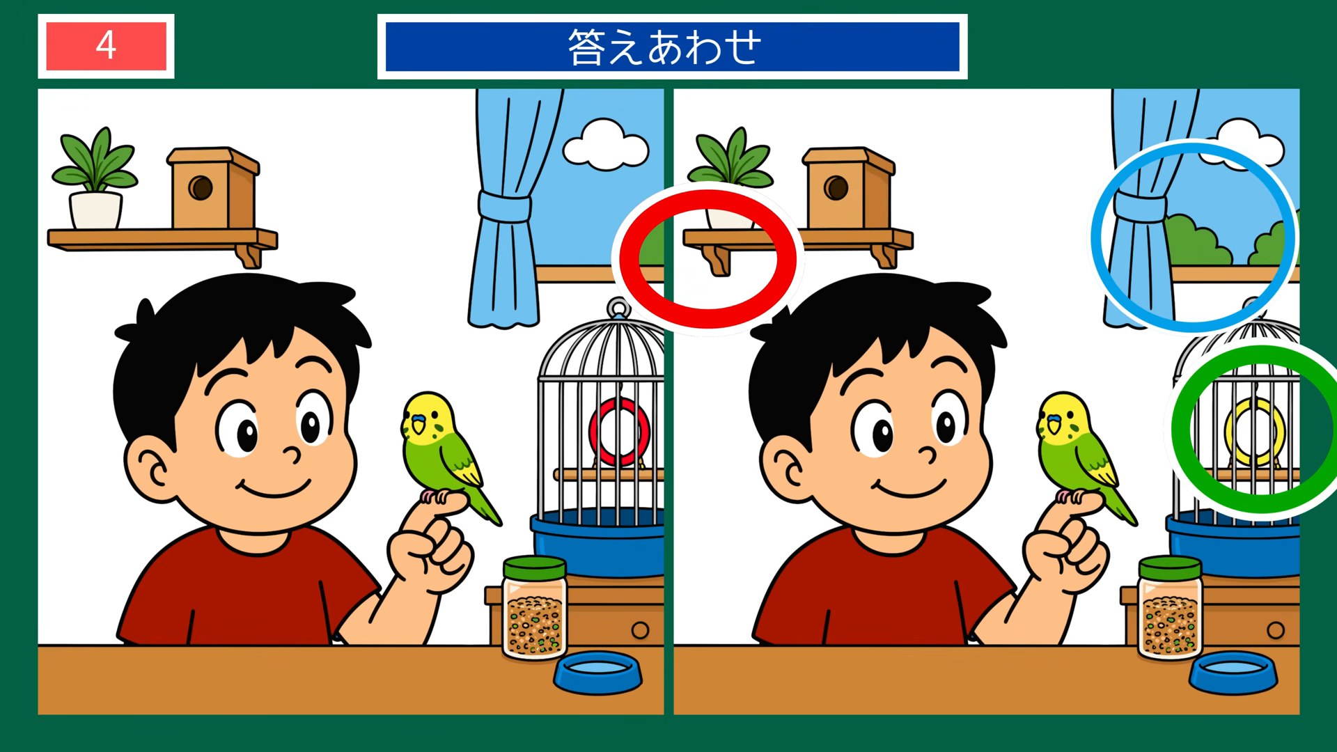 ペットとの暮らしの間違い探し 第4問 小鳥のいる部屋の答え