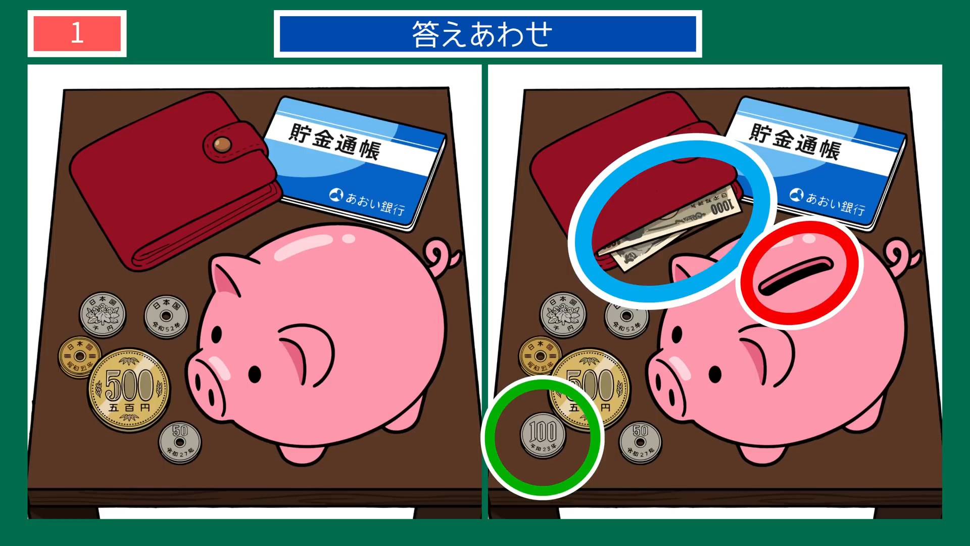節約の工夫の間違い探し 第1問 貯金箱と通帳の答え