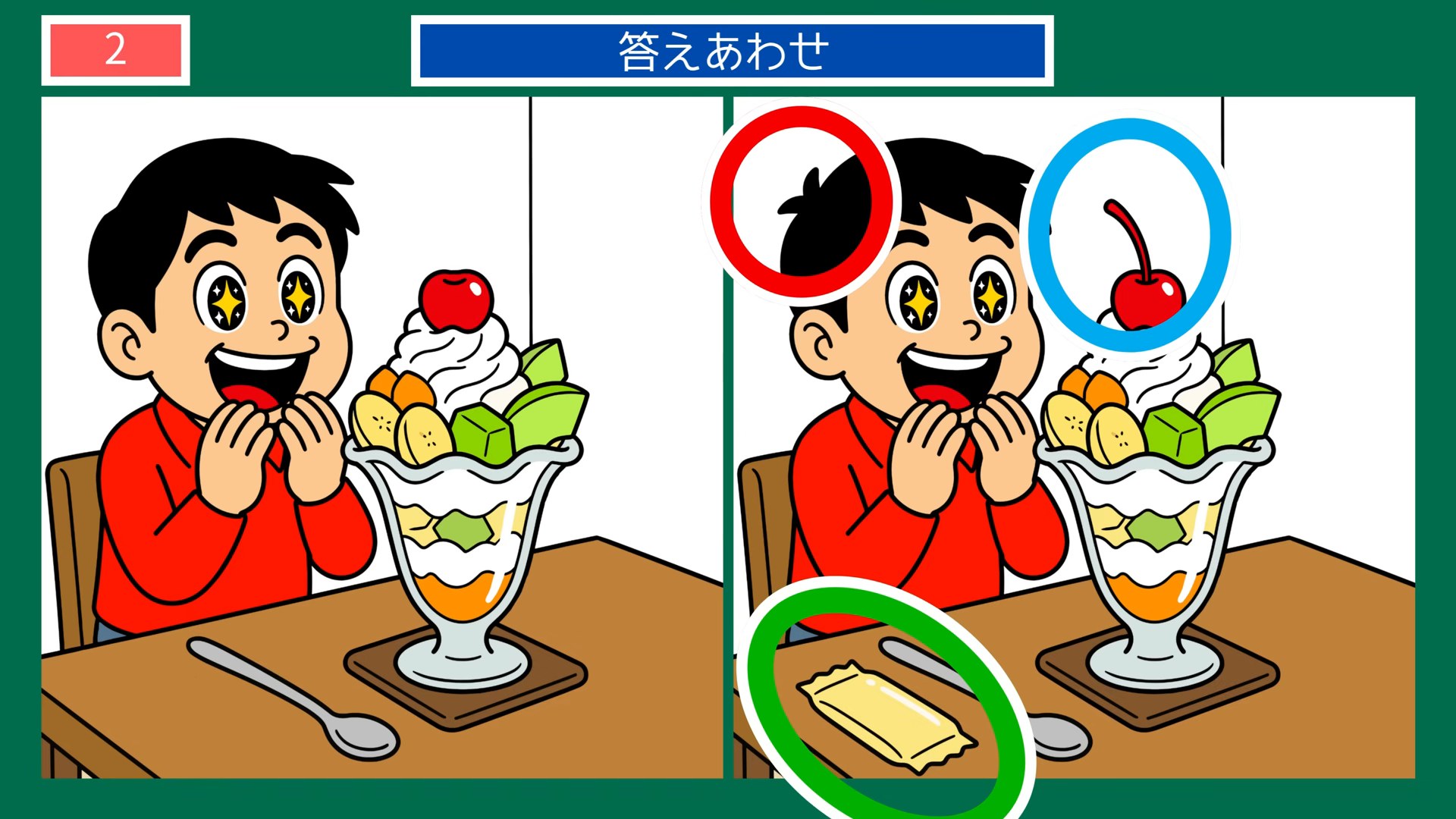 四季の楽しみの間違い探し 第2問 パフェを食べる男の子の答え